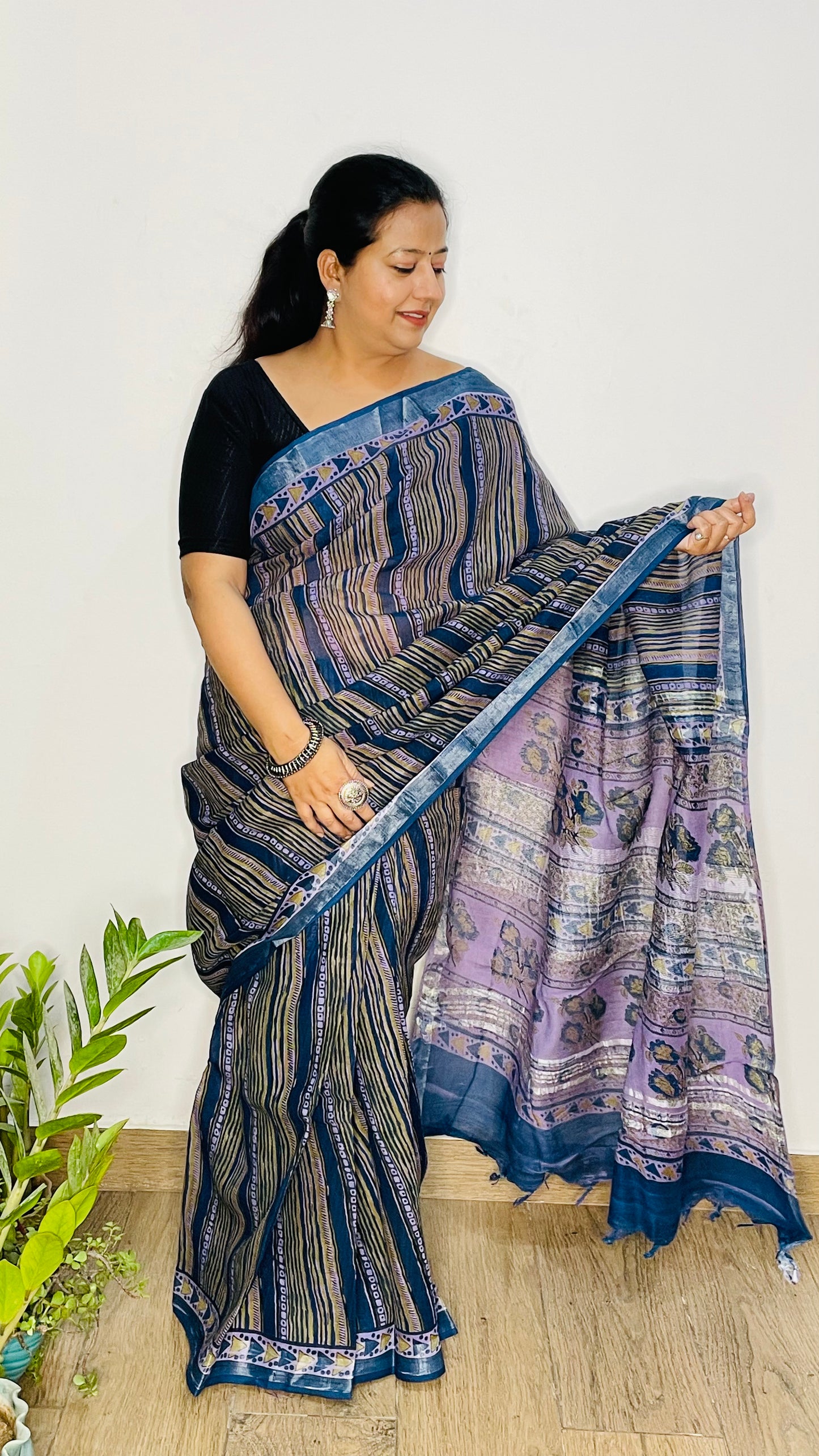 Blue Ajrak Print Cotton Linen Saree