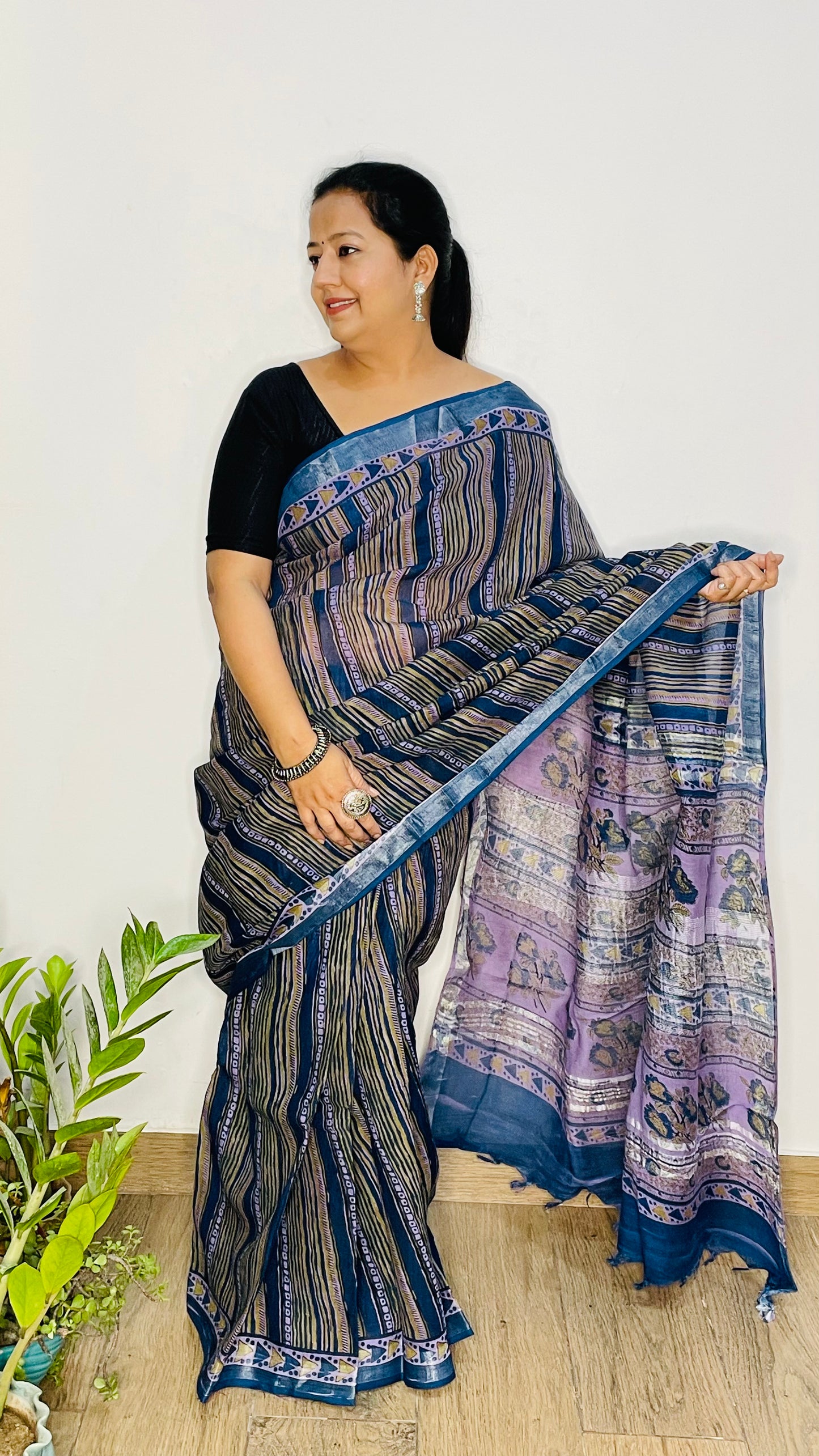 Blue Ajrak Print Cotton Linen Saree