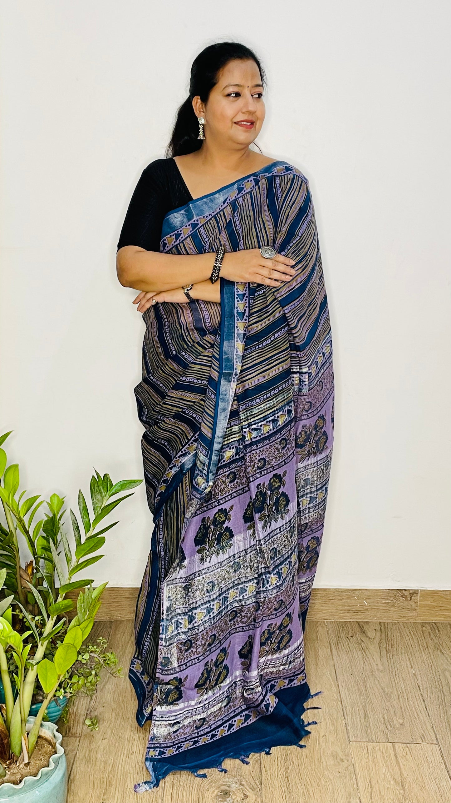 Blue Ajrak Print Cotton Linen Saree