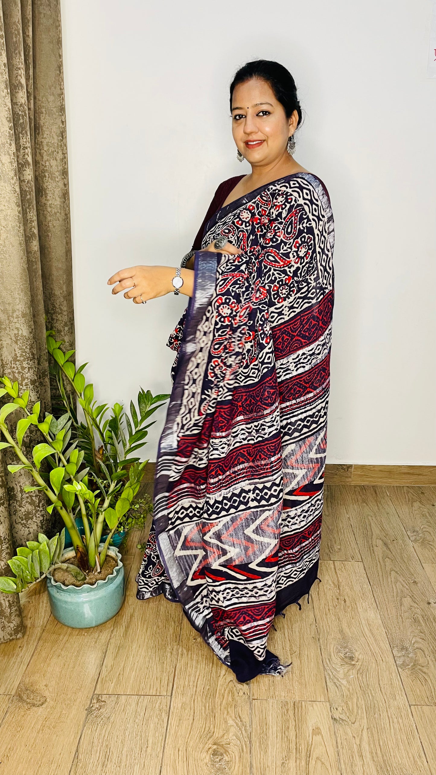 Wine Color Handblock Print Cotton Linen Saree