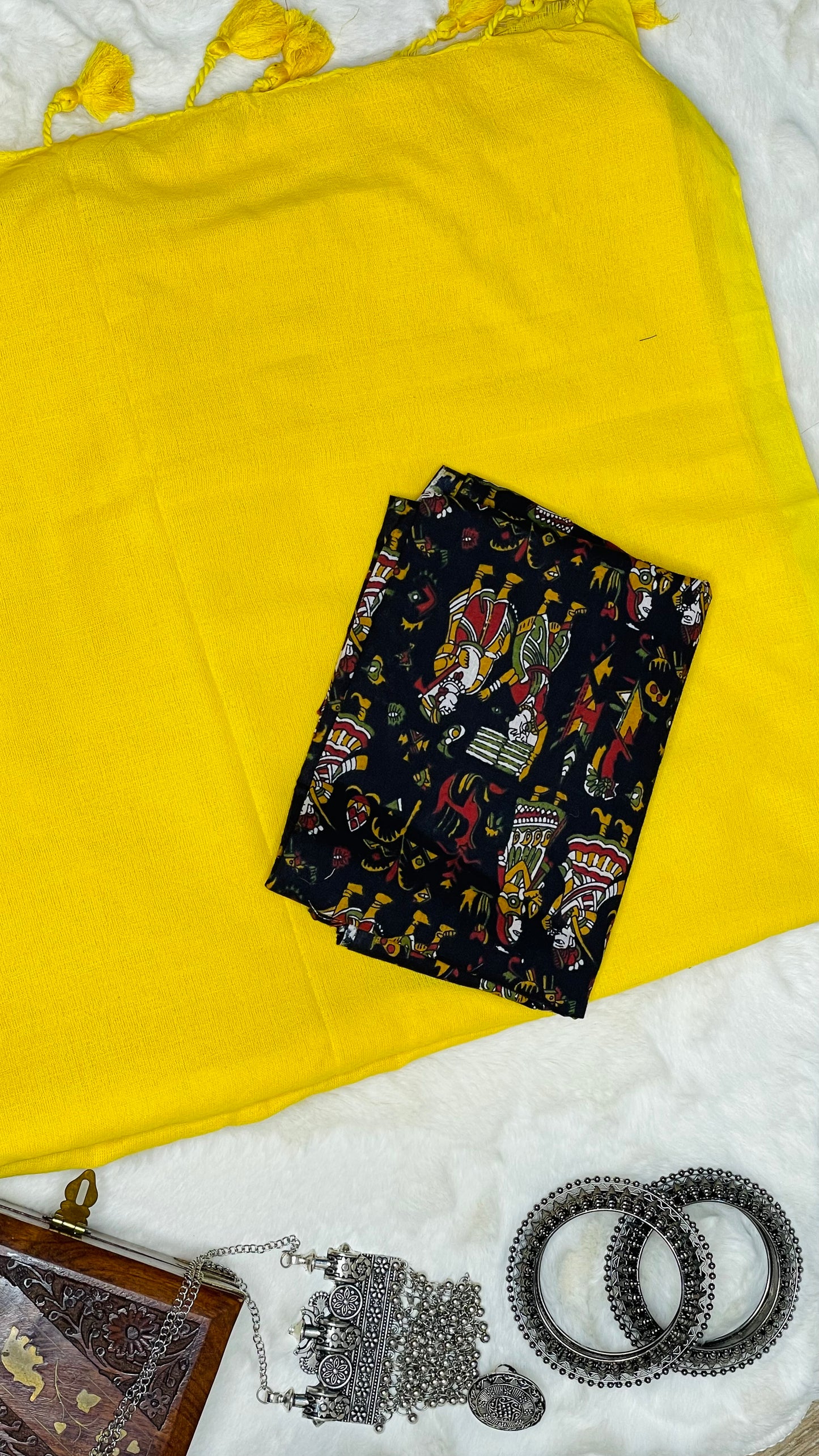 Yellow Khadi Saree with Black Printed Blouse