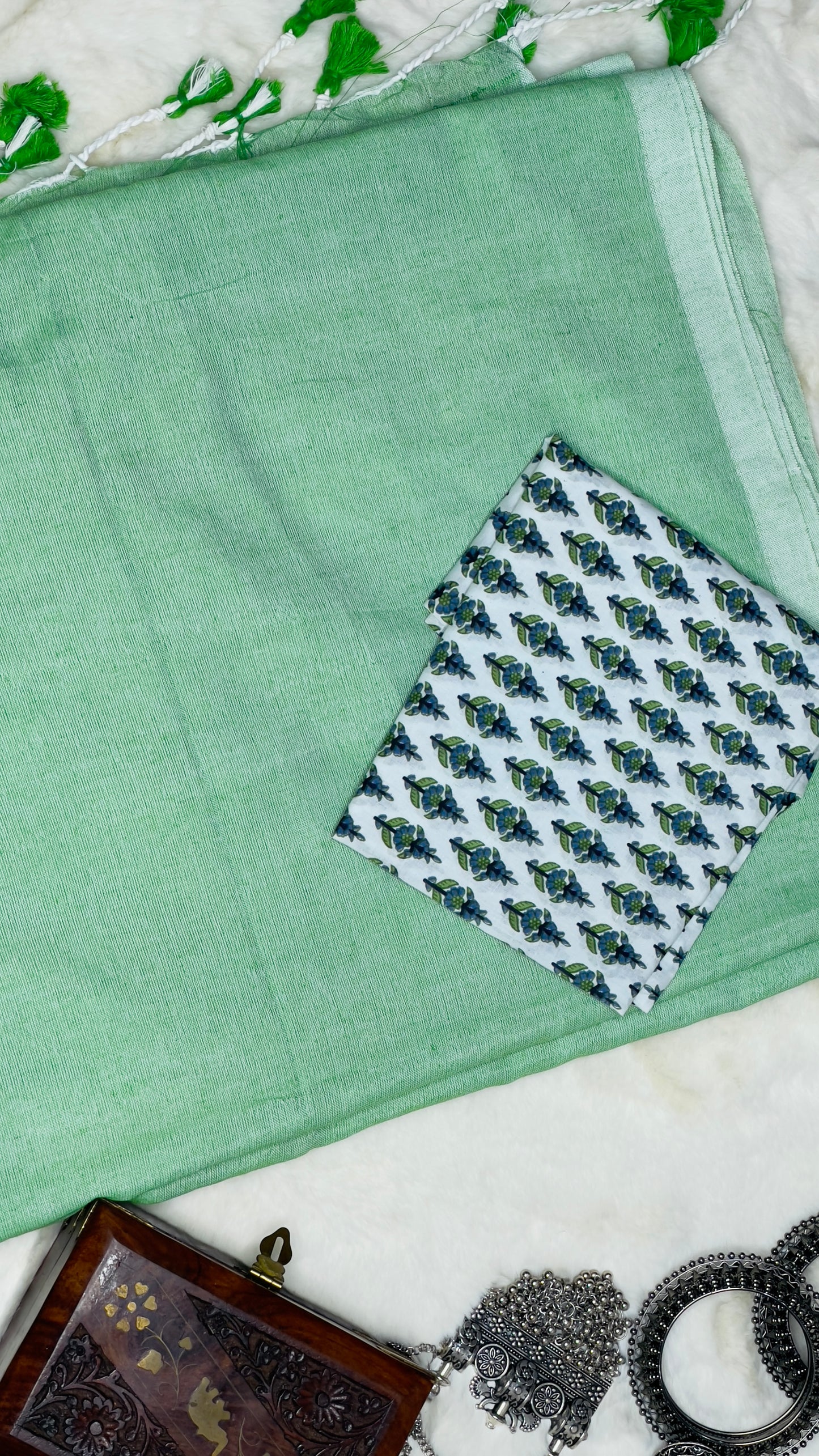 Mint Green Khadi Saree with  Printed Blouse