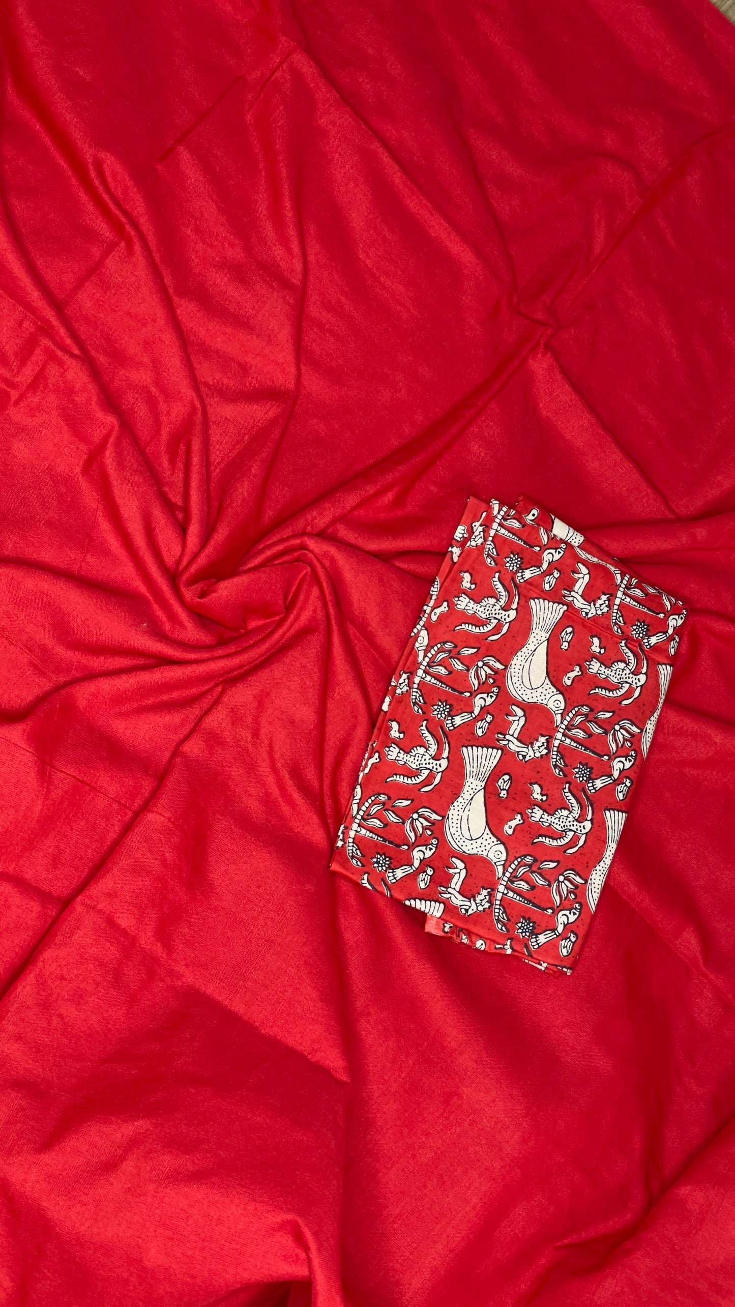 Red Khadi Saree with Block Print Blouse