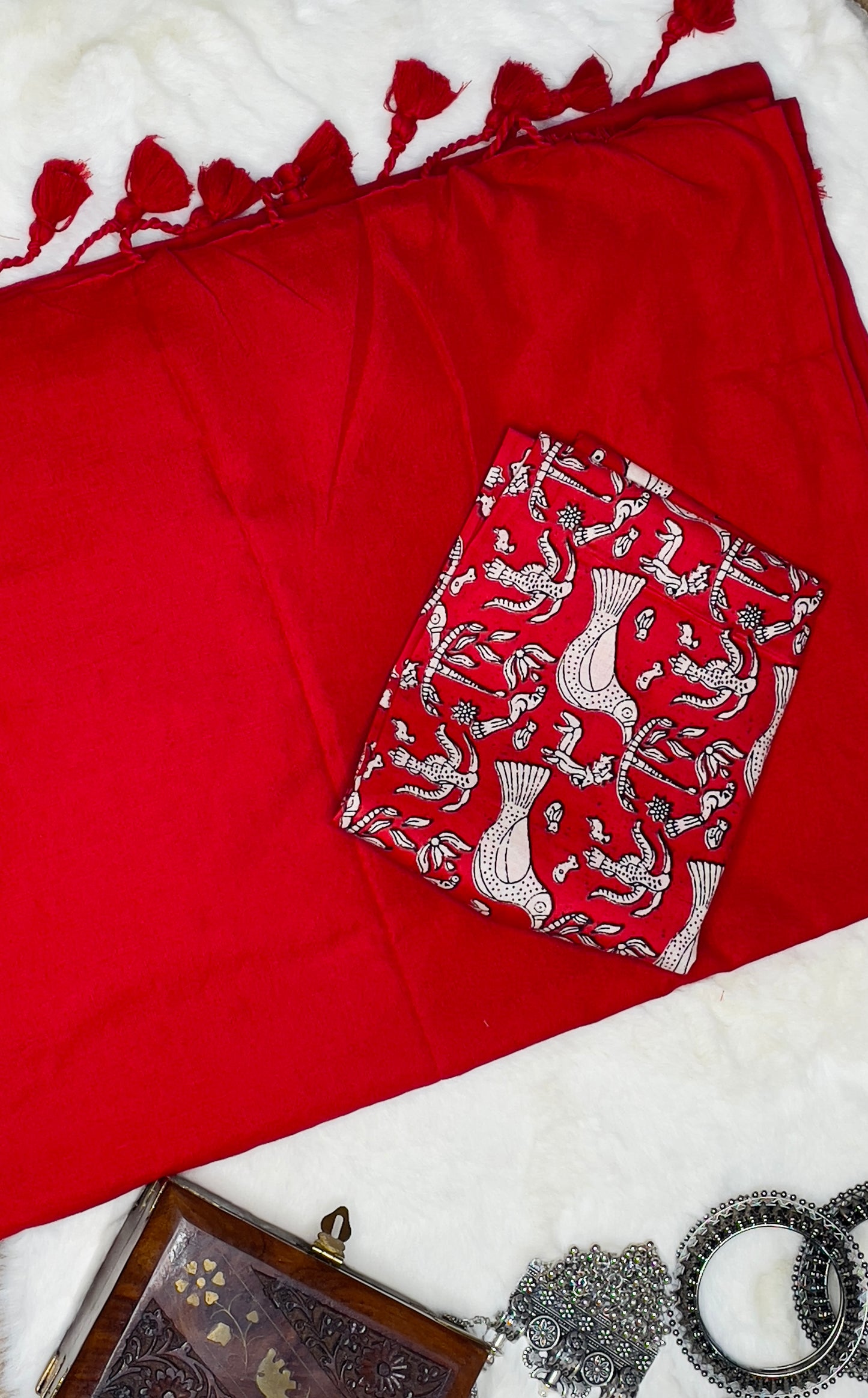 Red Khadi Saree with Block Print Blouse