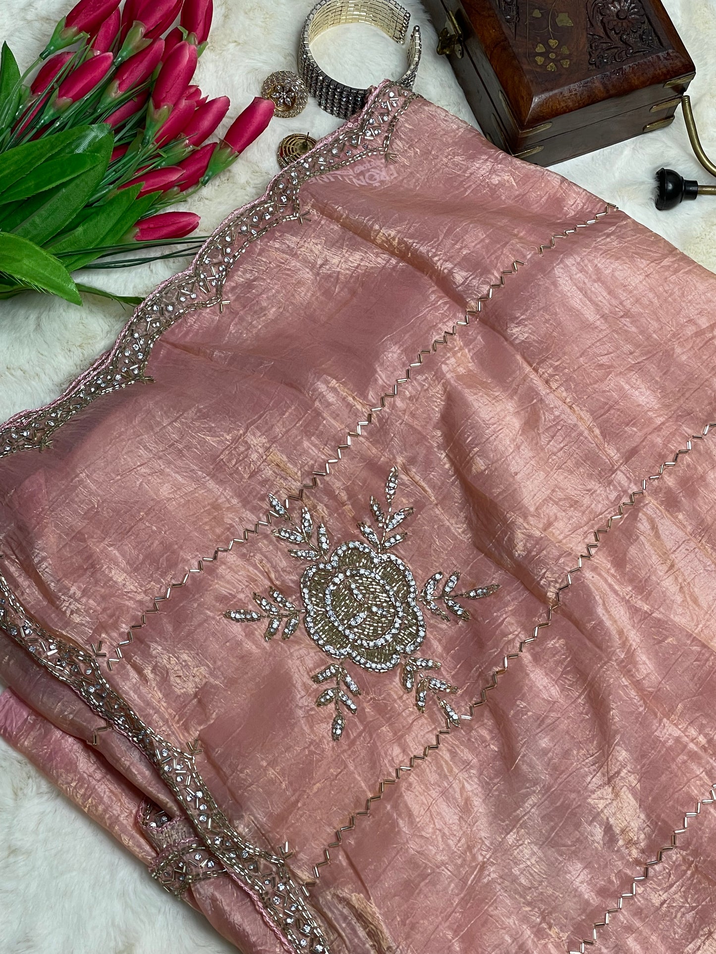 Peachy Pink Tissue Saree With Metallic Shine