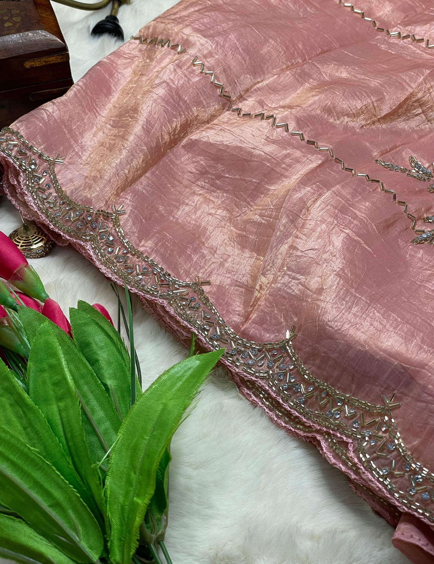 Peachy Pink Tissue Saree With Metallic Shine
