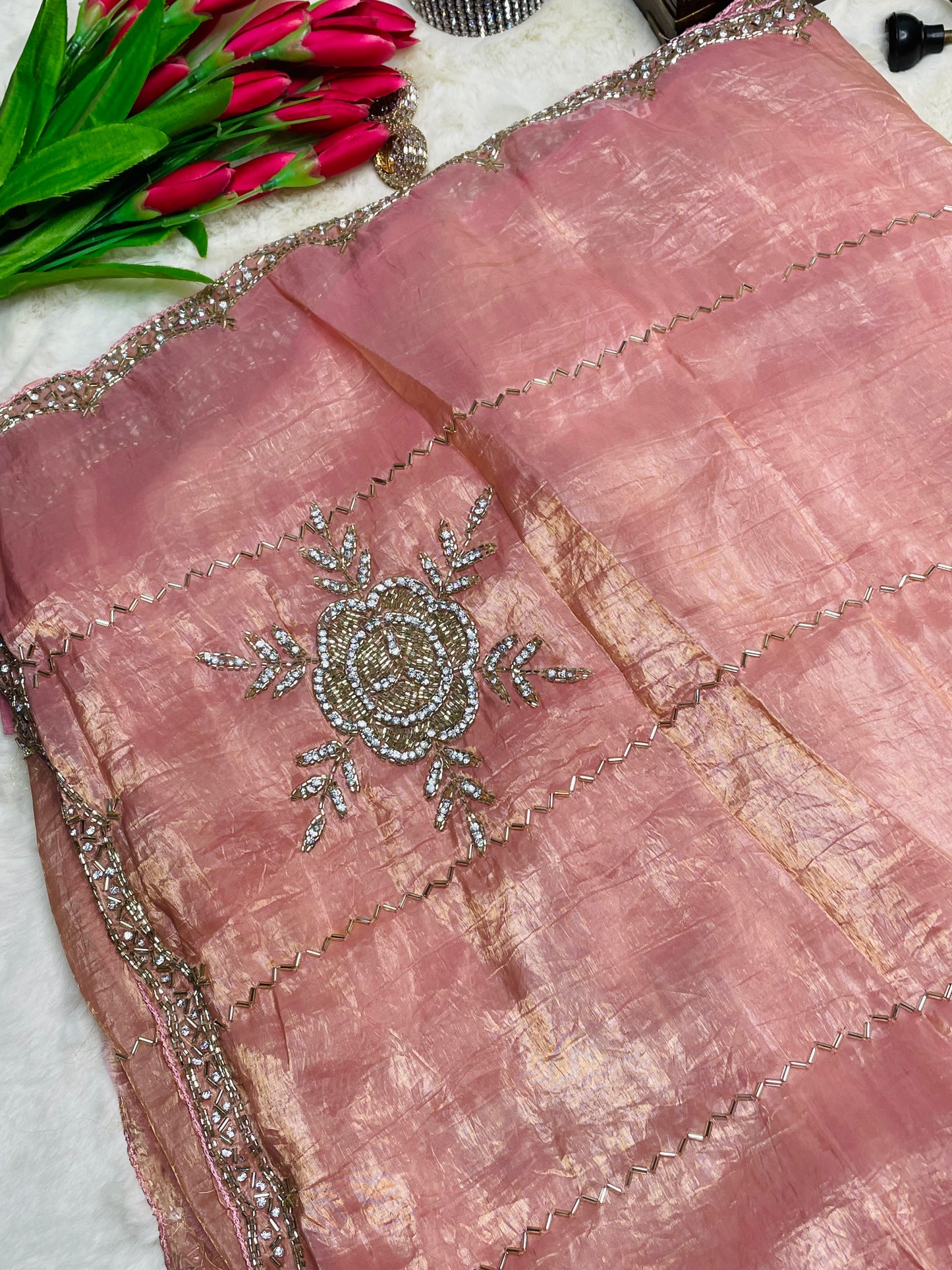 Peachy Pink Tissue Saree With Metallic Shine