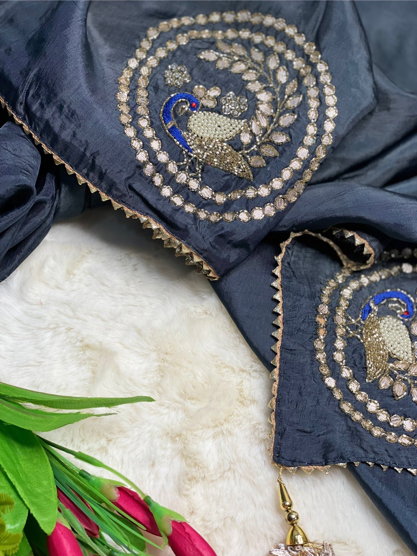 Grey Dola Silk Saree With Tube work and Gotta Patti Border
