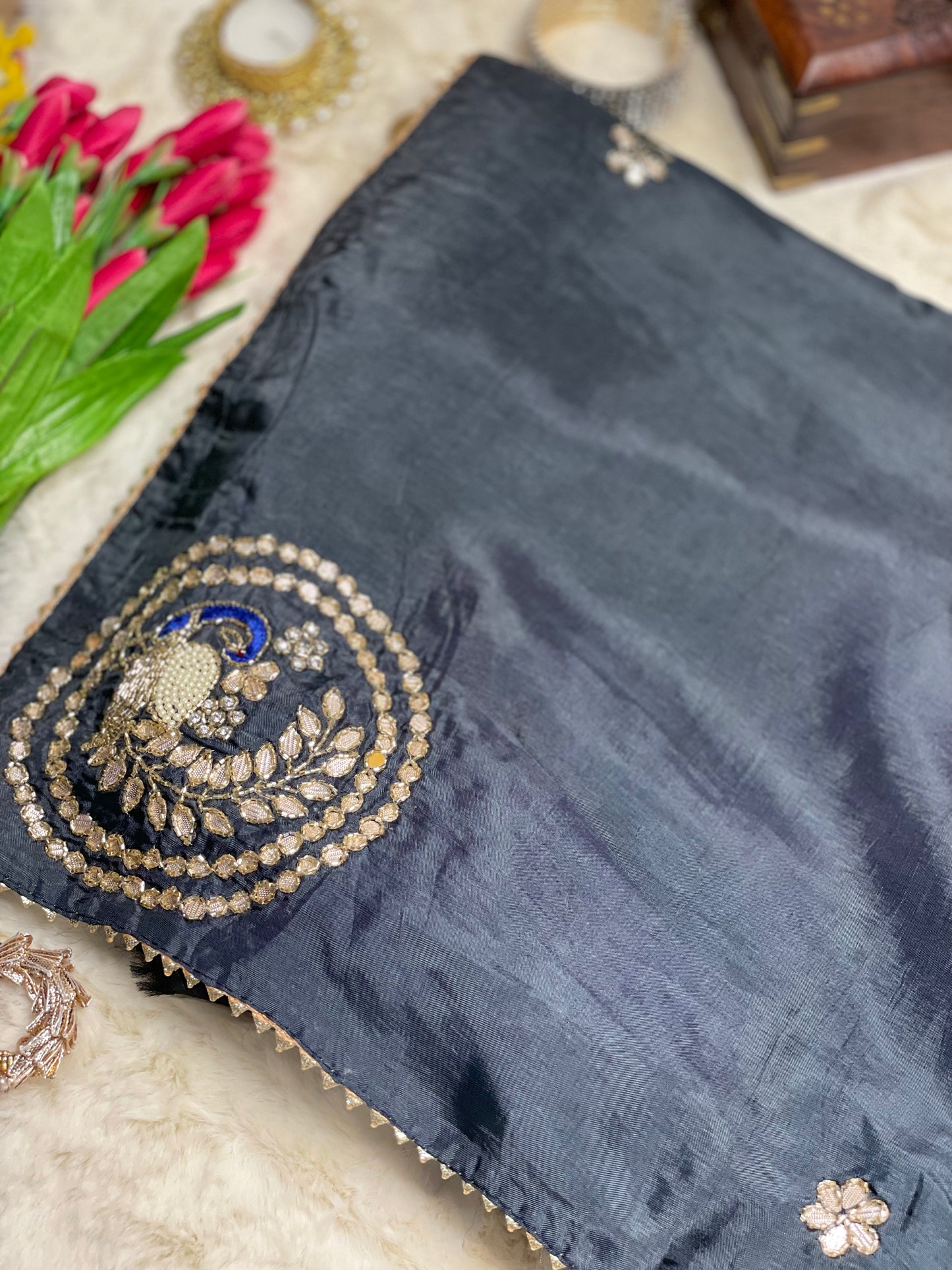 Grey Dola Silk Saree With Tube work and Gotta Patti Border