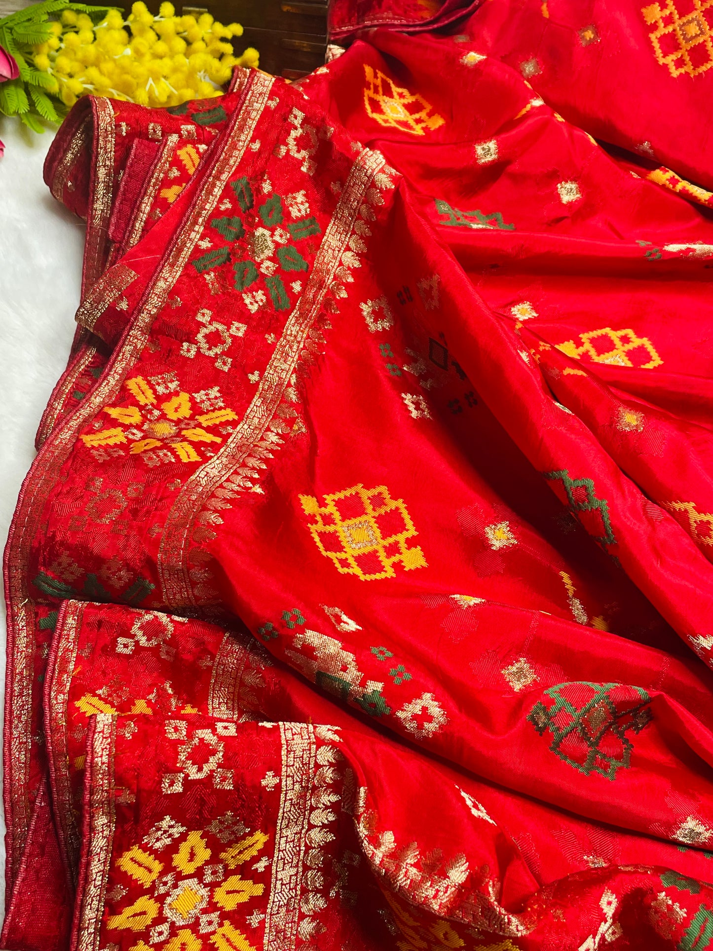 Red Patola Silk Saree With Zari Border