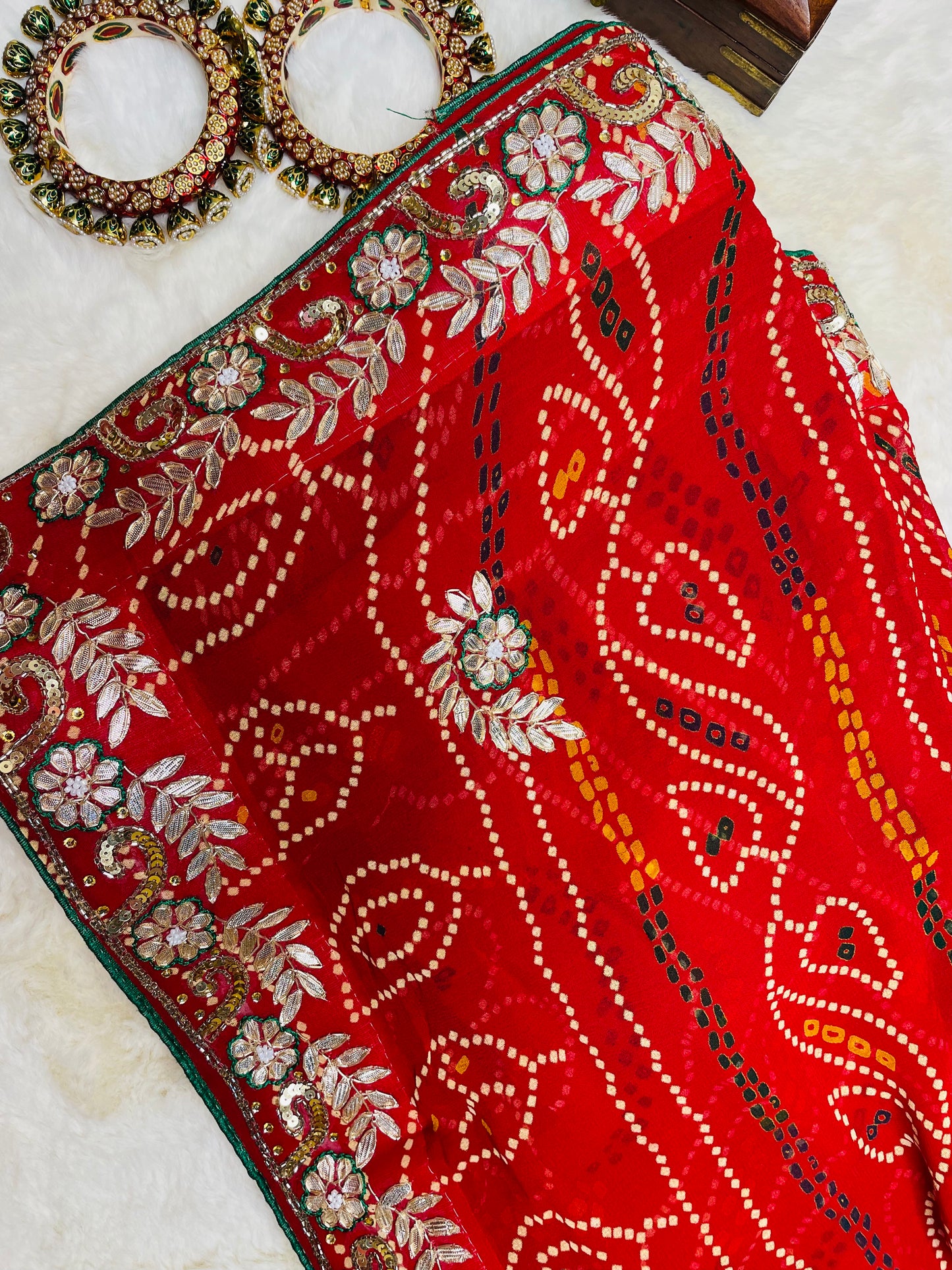 Red Bandhani Saree with Gotta Patti Work