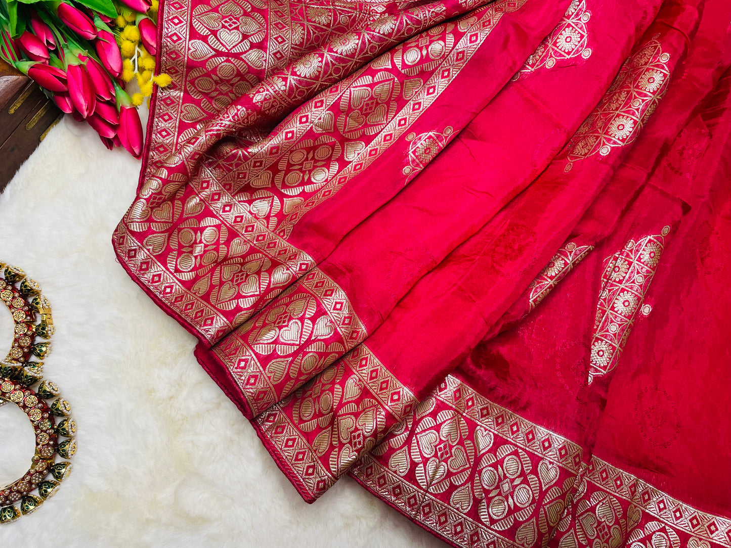 Dark Pink Dola Silk Saree With  Zari Border