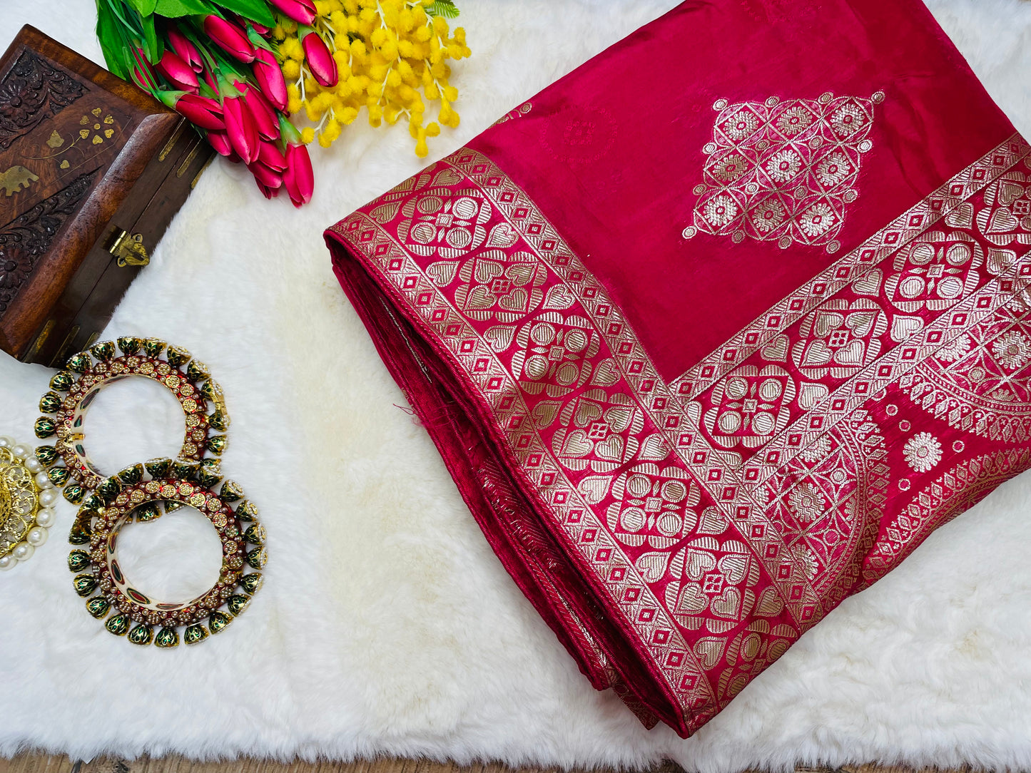 Dark Pink Dola Silk Saree With  Zari Border