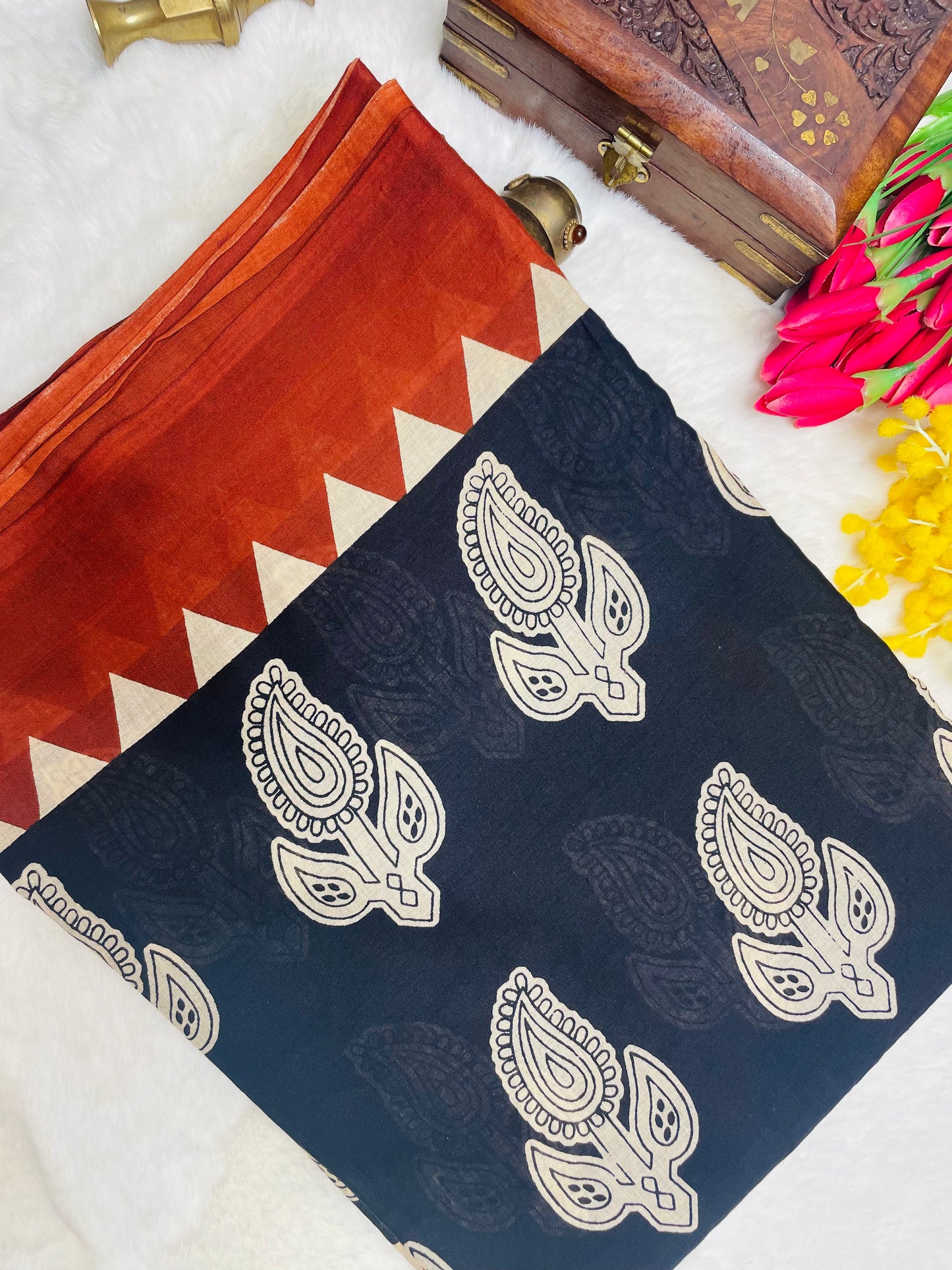 Black and Brown Mulmul Cotton Saree
