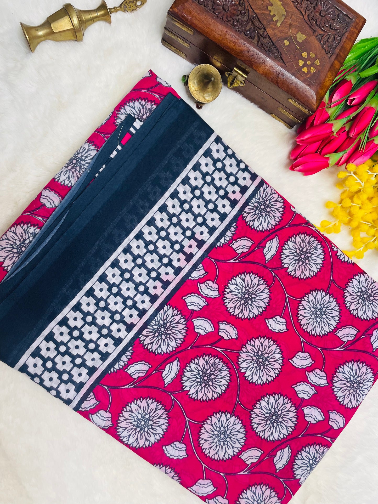 Dark Pink Mulmul Cotton Saree with Floral Print