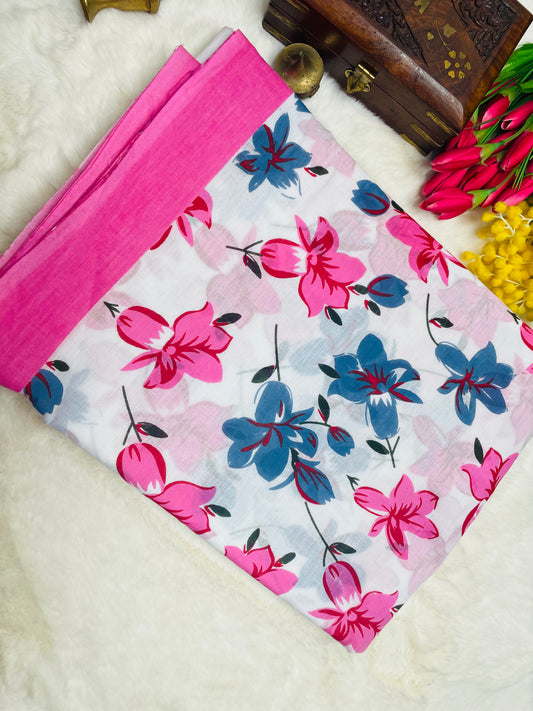 Pink and White Mulmul Cotton Saree
