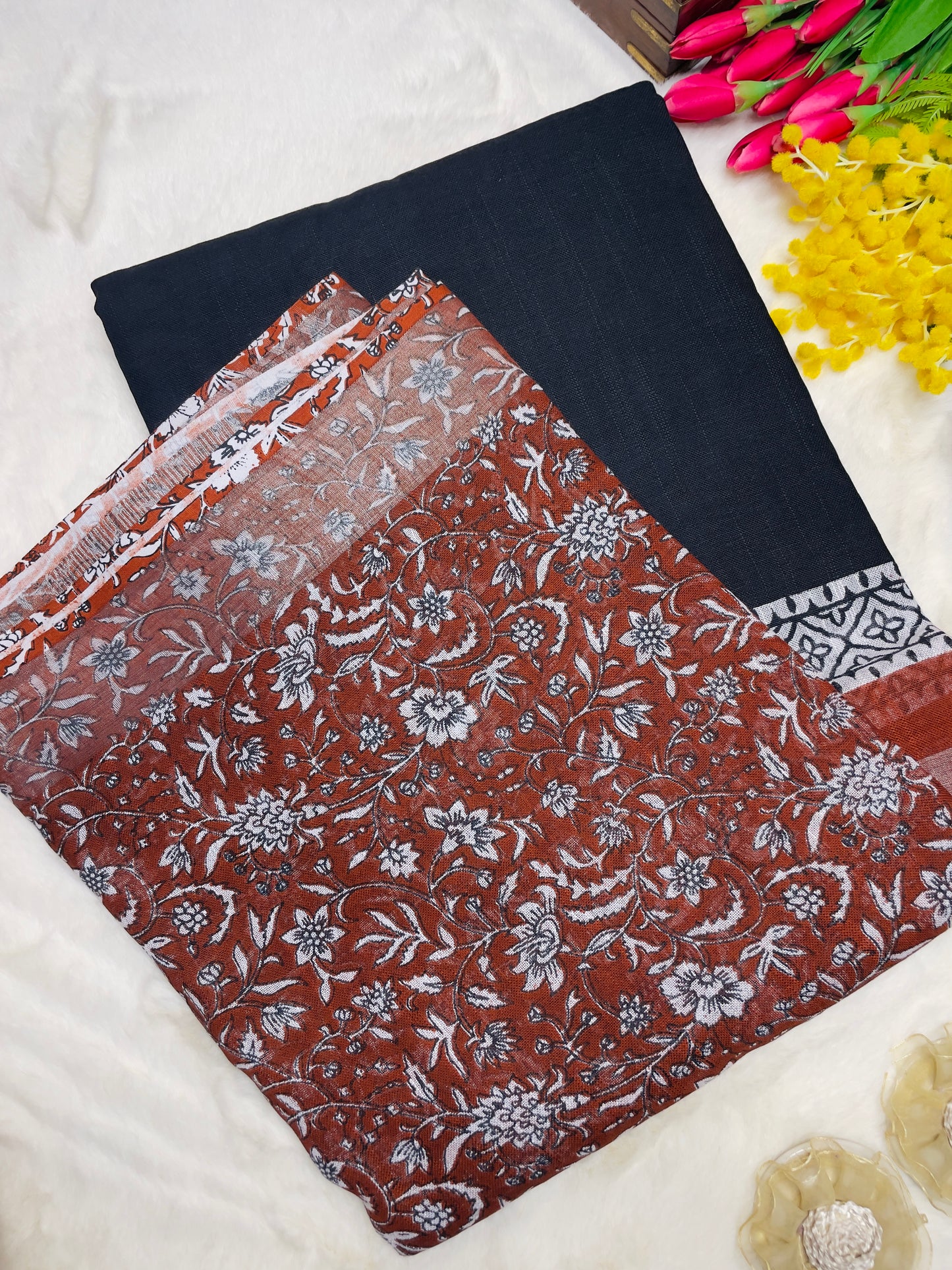 Brown & Black Cotton Linen Saree