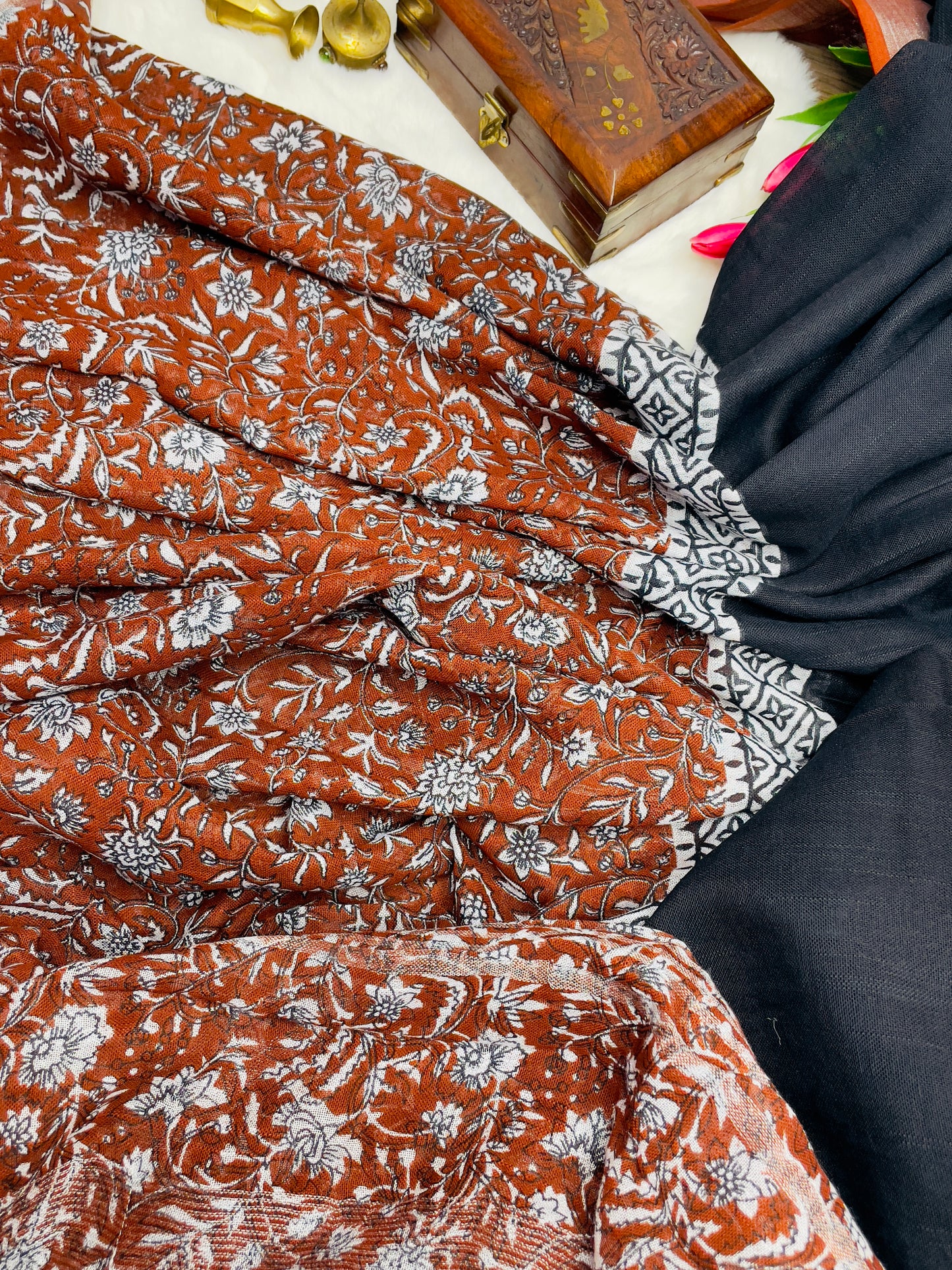 Brown & Black Cotton Linen Saree