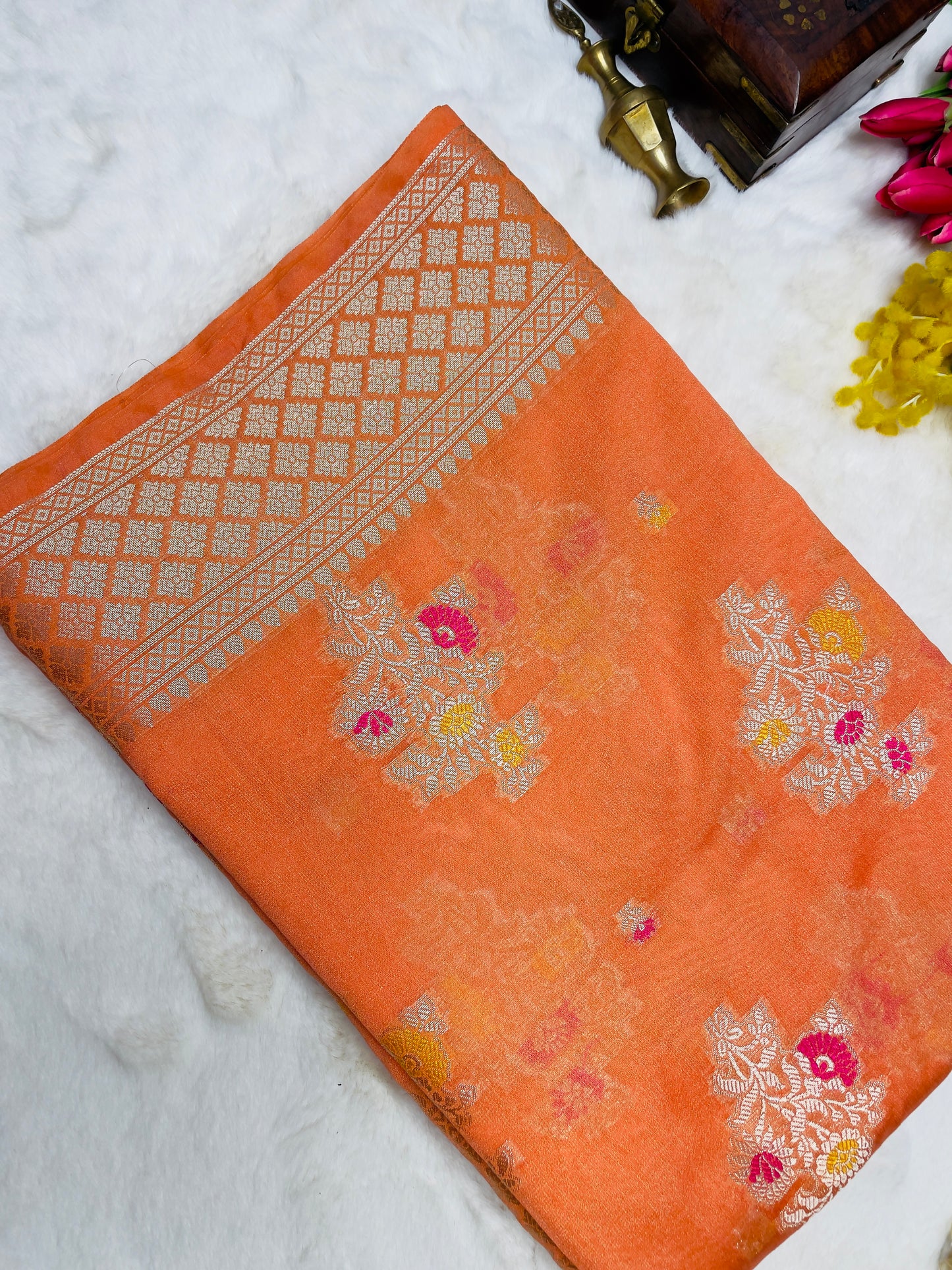 Orange Cotton Silk Saree With Zari Work