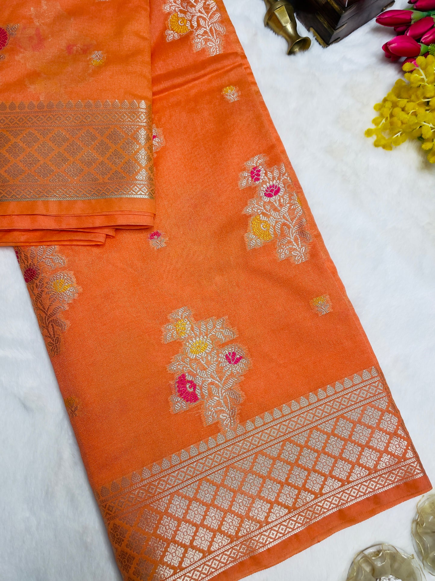 Orange Cotton Silk Saree With Zari Work
