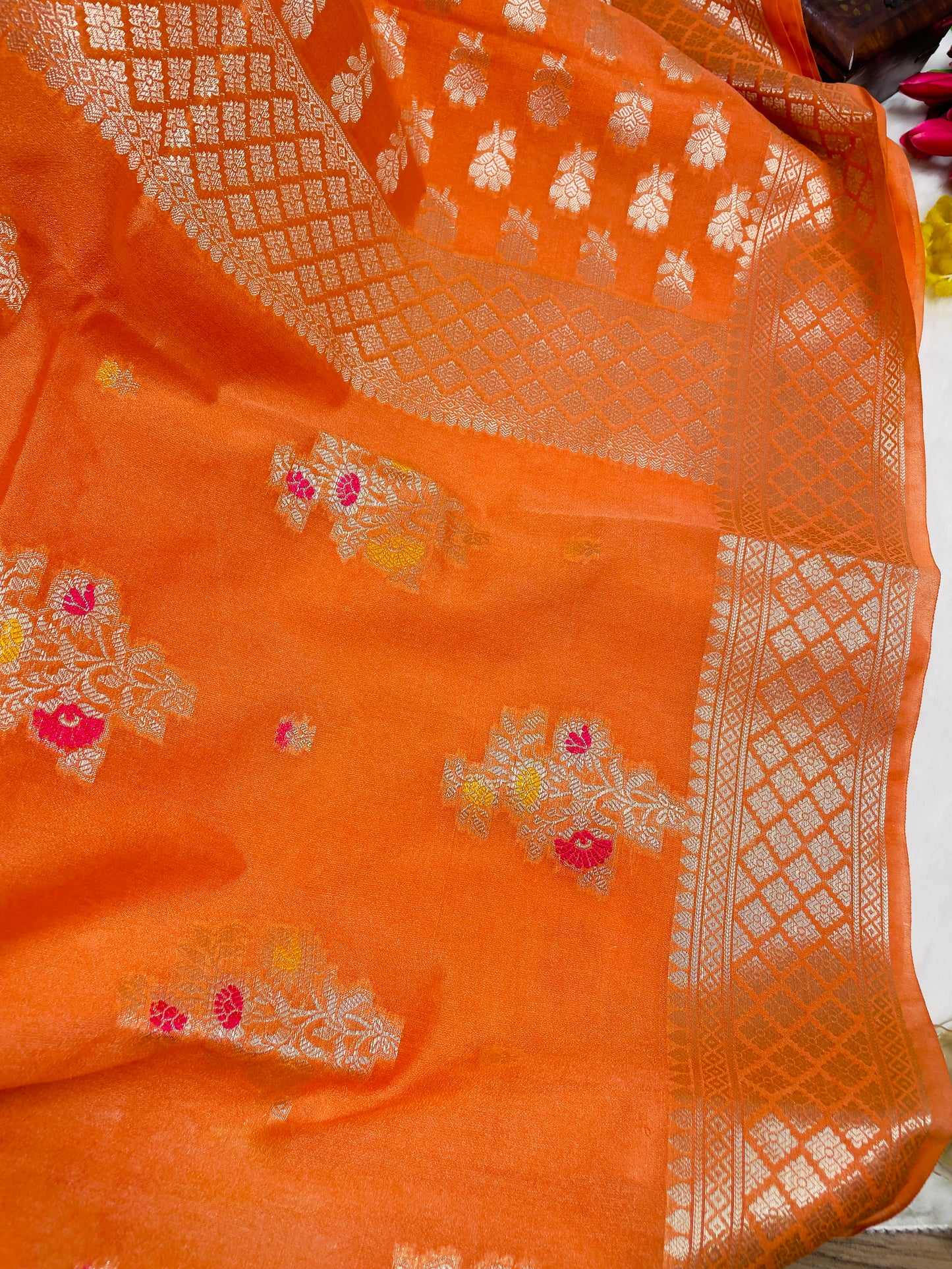 Orange Cotton Silk Saree With Zari Work
