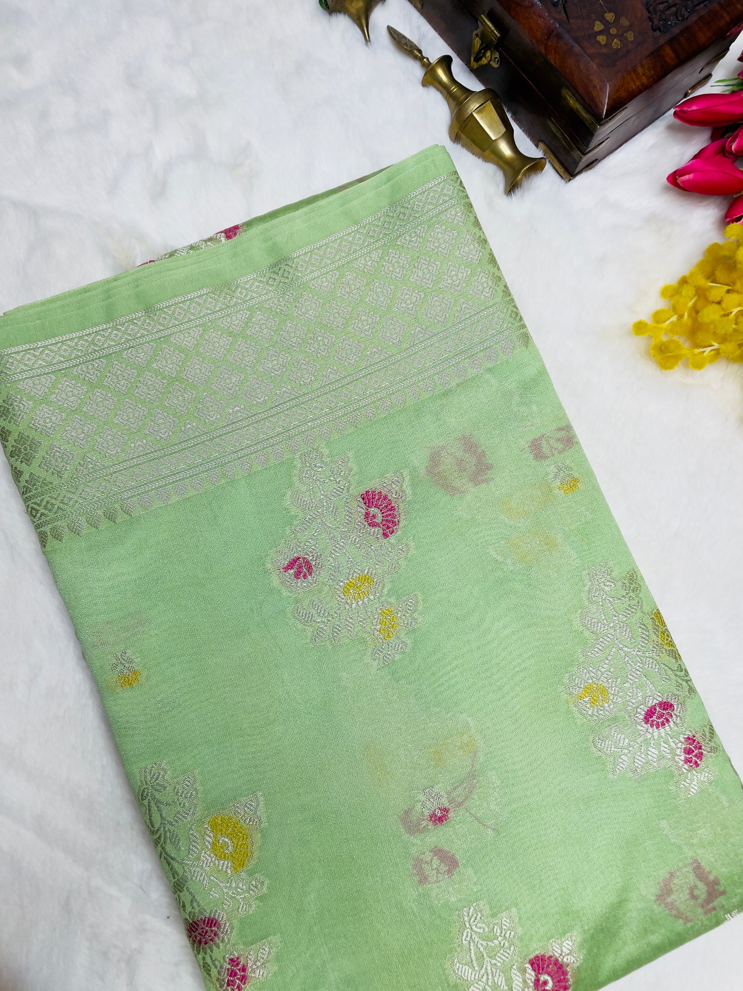 Light Green Cotton Silk Saree With Zari Work