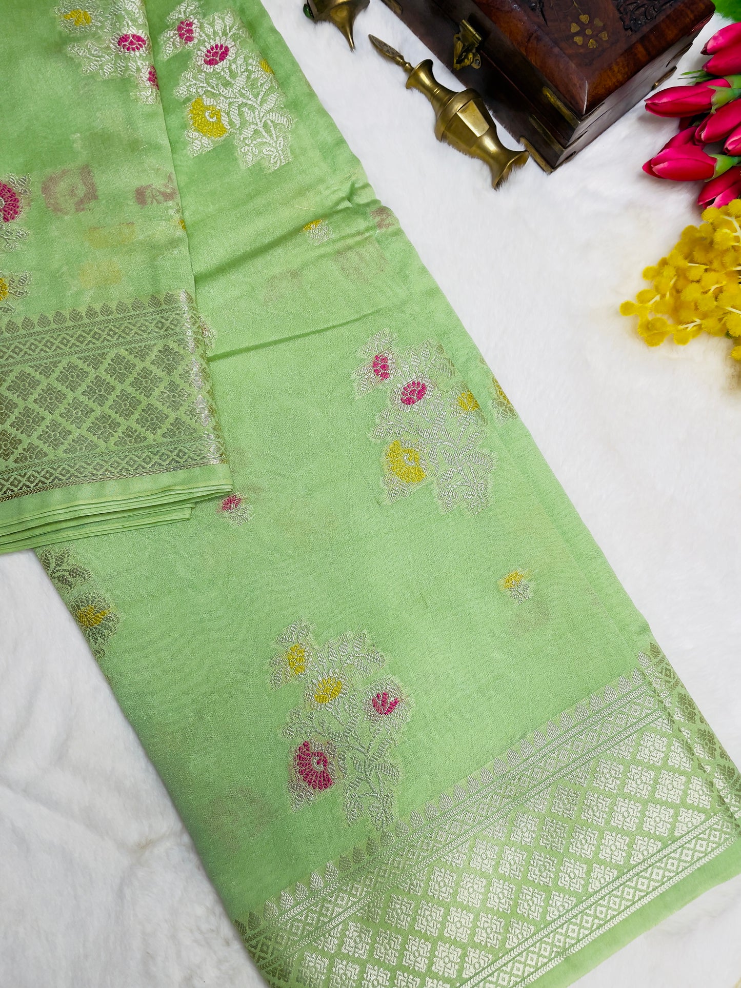 Light Green Cotton Silk Saree With Zari Work