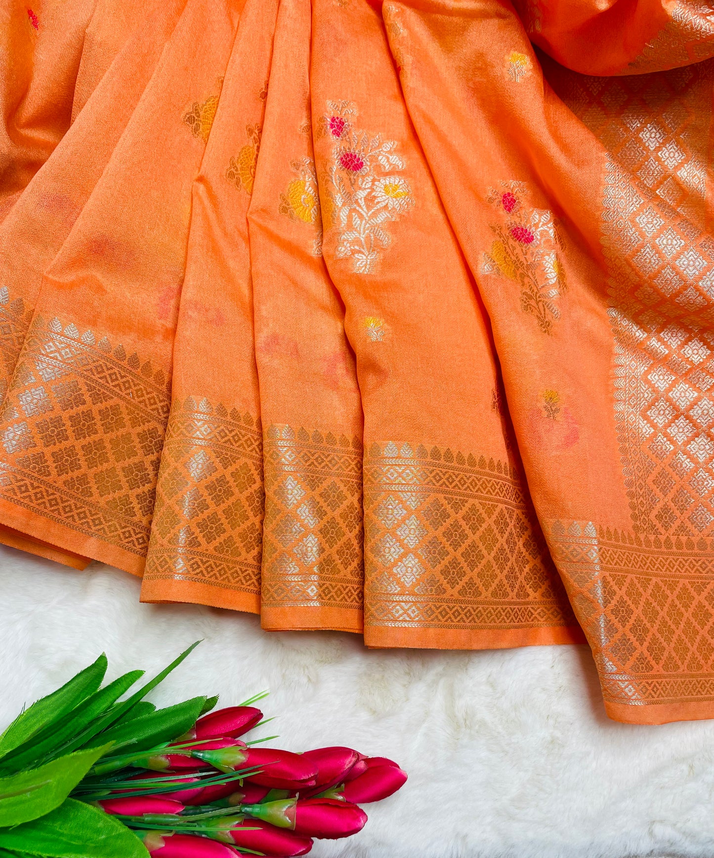 Orange Cotton Silk Saree With Zari Work