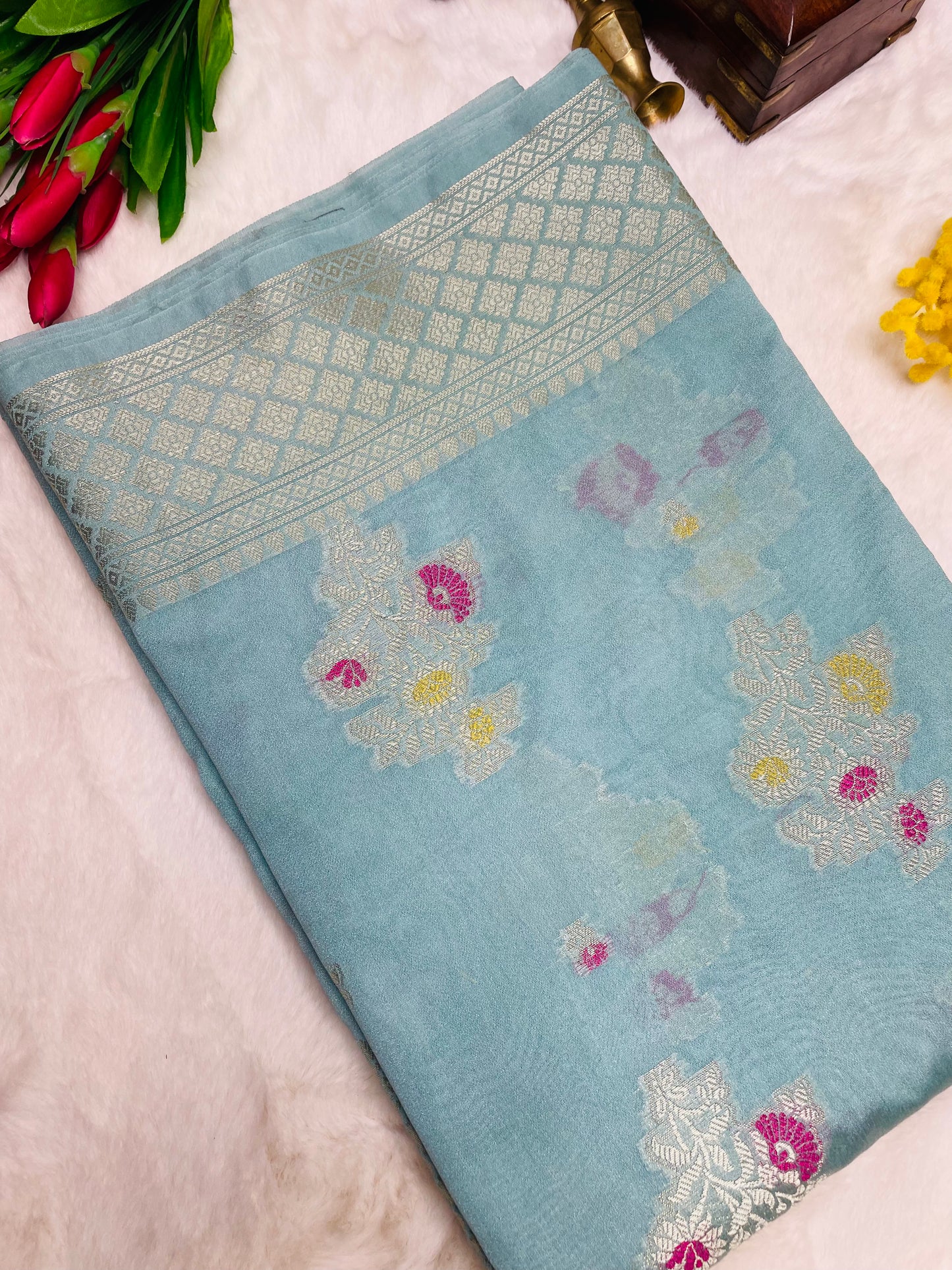 Sky Blue Cotton Silk Saree With Zari Work