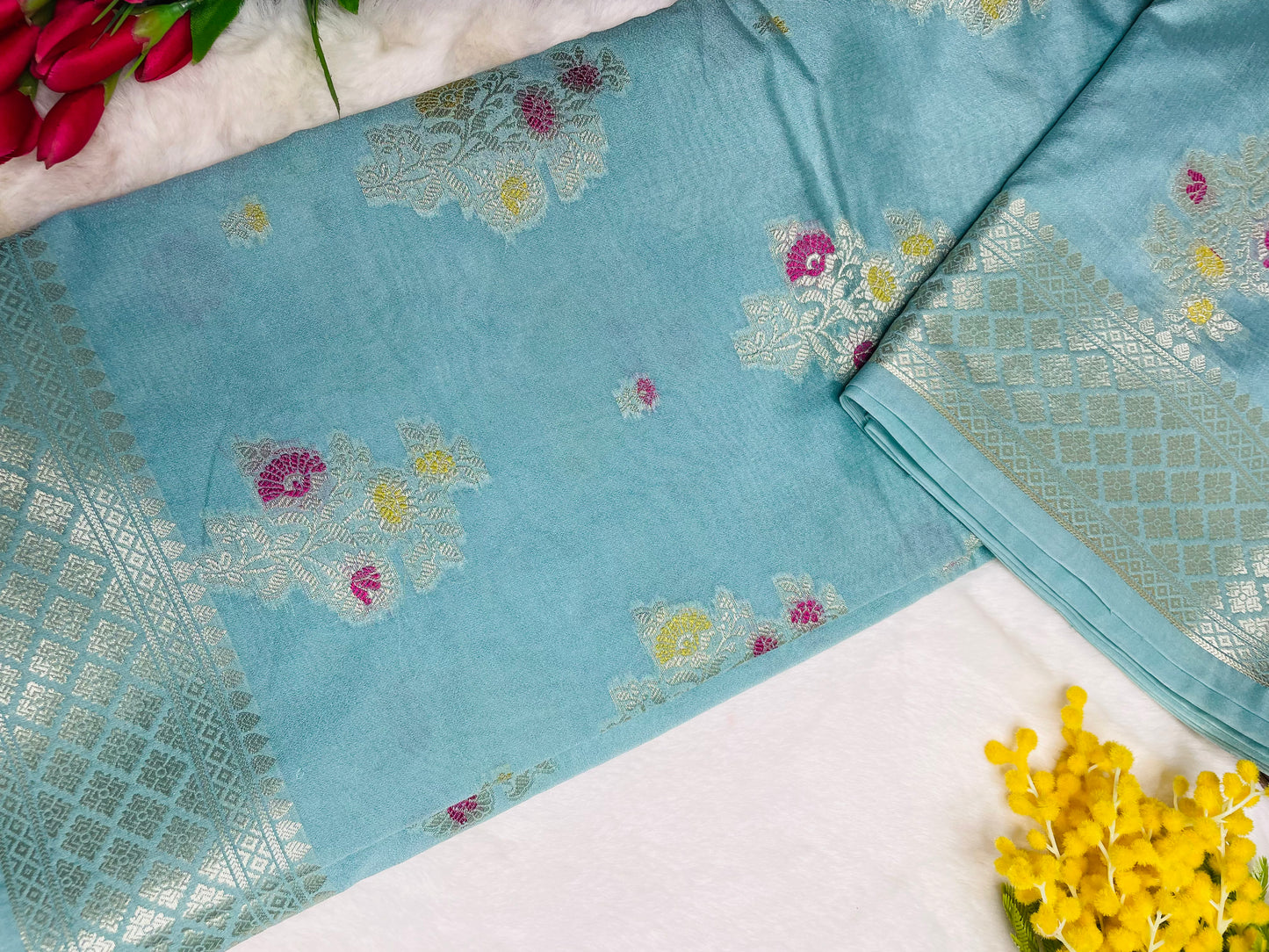 Sky Blue Cotton Silk Saree With Zari Work