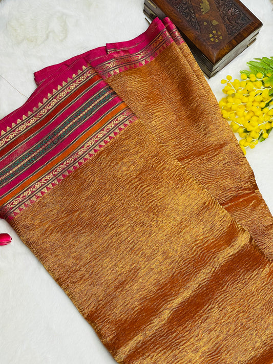 Shimmery Brown Crush Silk Saree With Zari Border