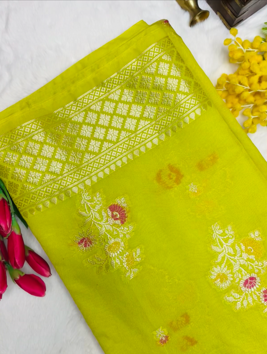 Florescent Green Cotton SIlk Saree With Zari Work