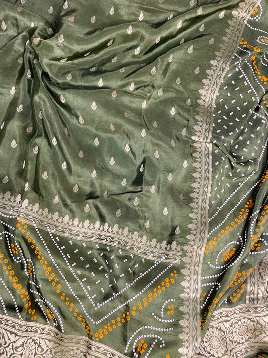 Olive Green H.O Silk Saree with Bandhani border & Zari Buti