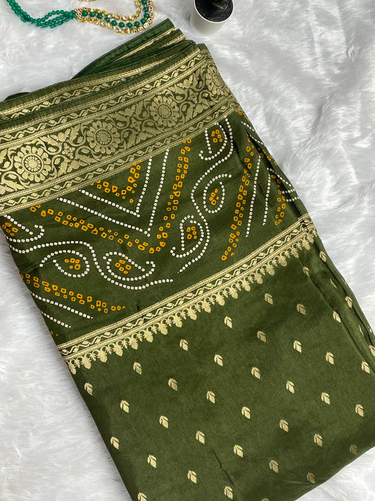 Olive Green H.O Silk Saree with Bandhani border & Zari Buti