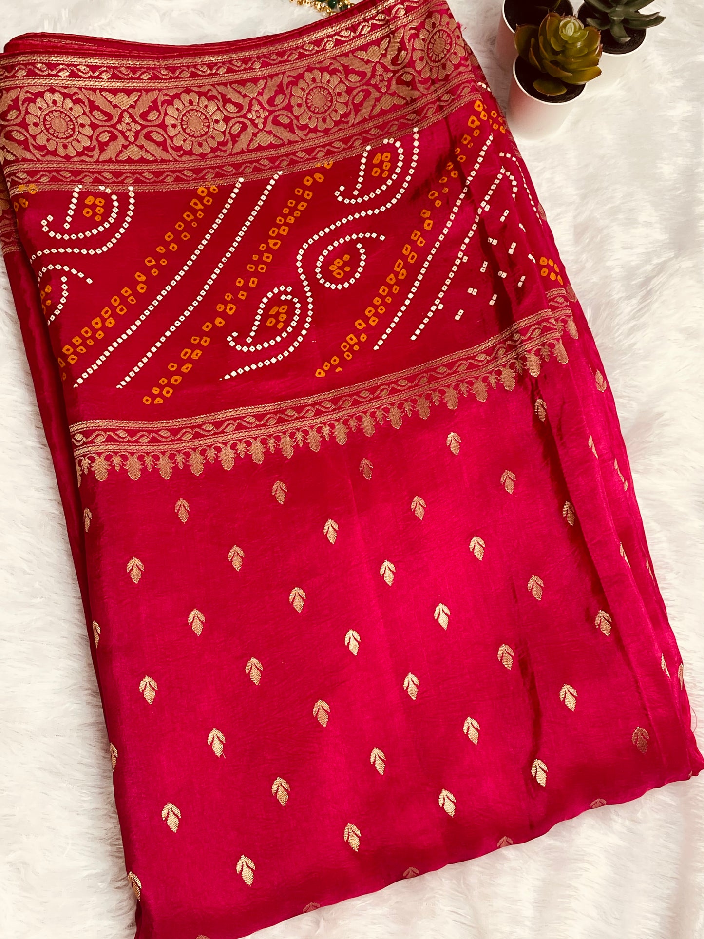 Red H.O Silk Saree with Bandhani border & Zari Buti