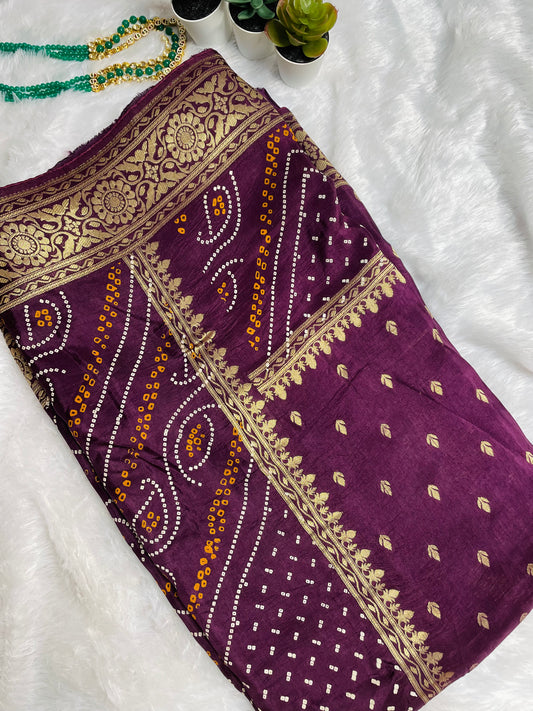 Purple H.O Silk Saree with Bandhani border & Zari Buti