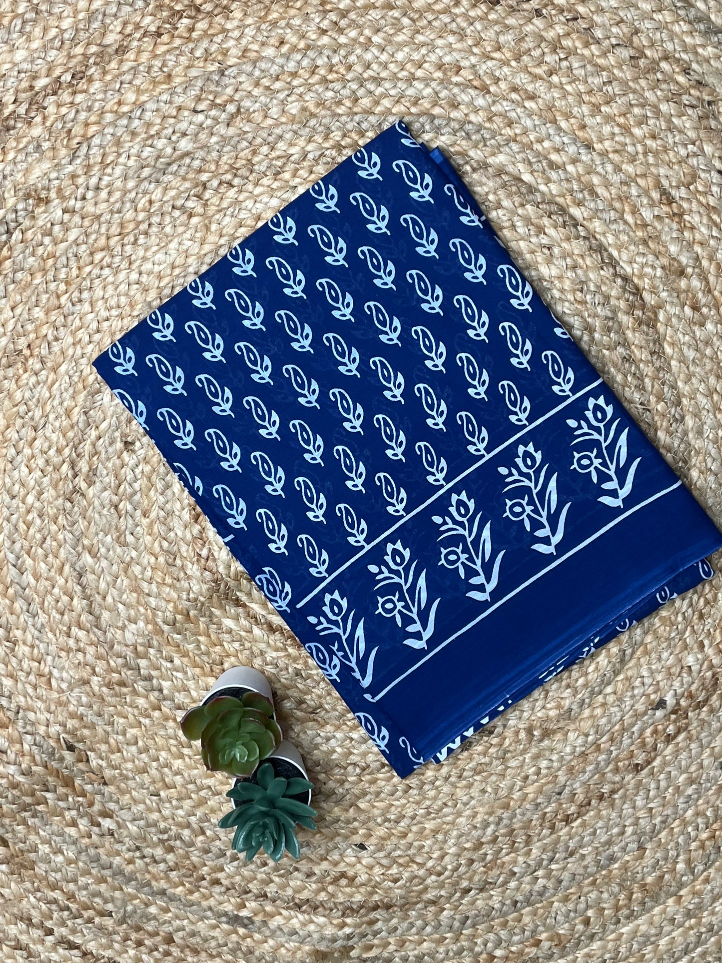 Navy Blue Mulmul Saree with Block Print