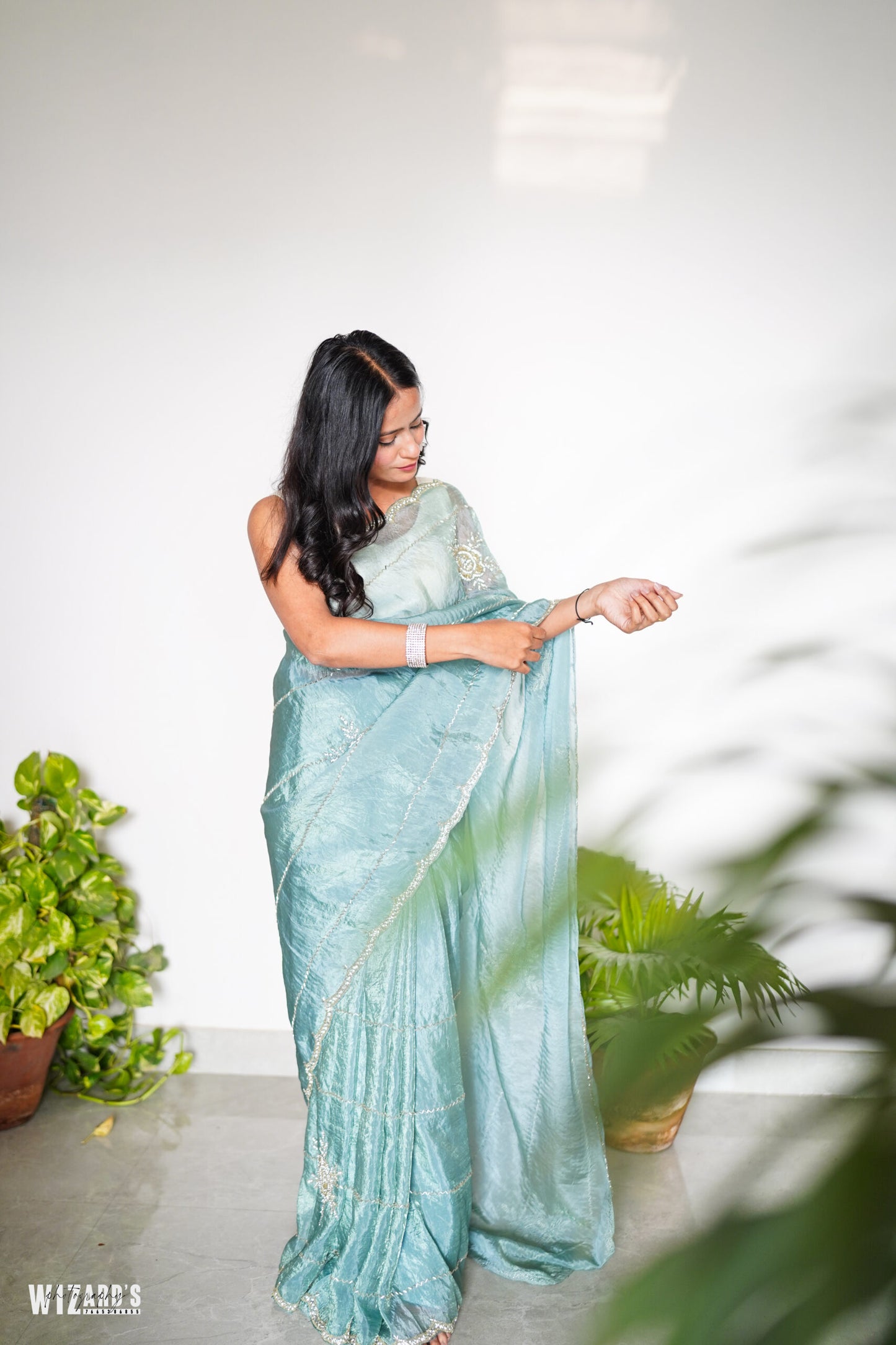 Sea Blue Tissue Saree With Metallic Shine