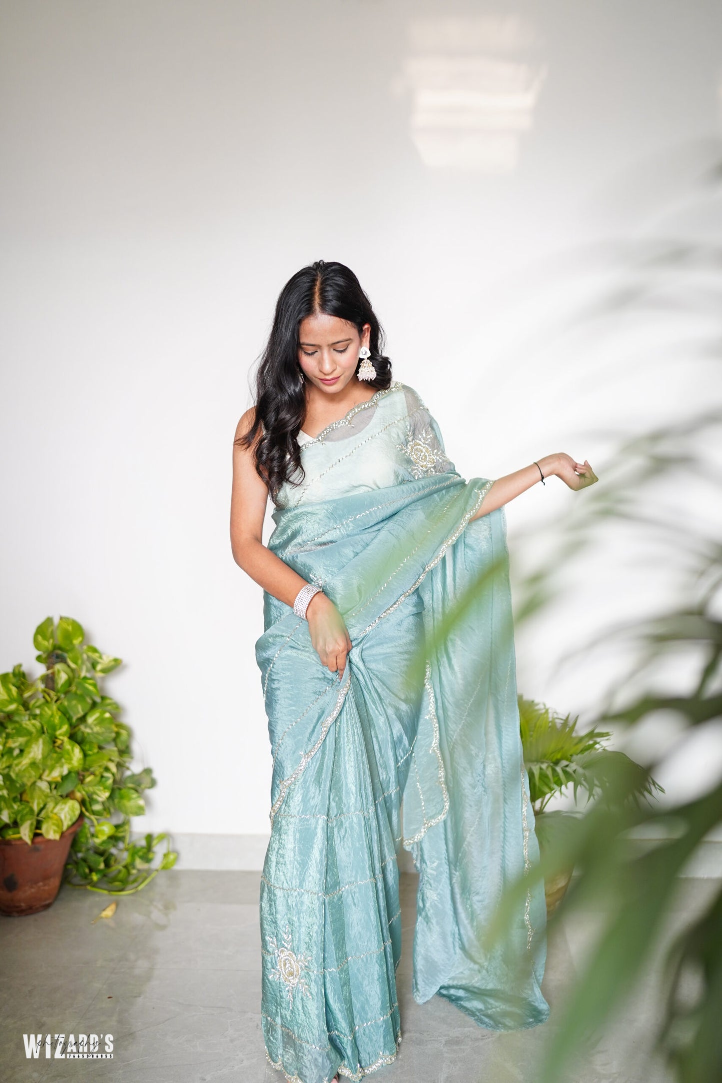 Sea Blue Tissue Saree With Metallic Shine