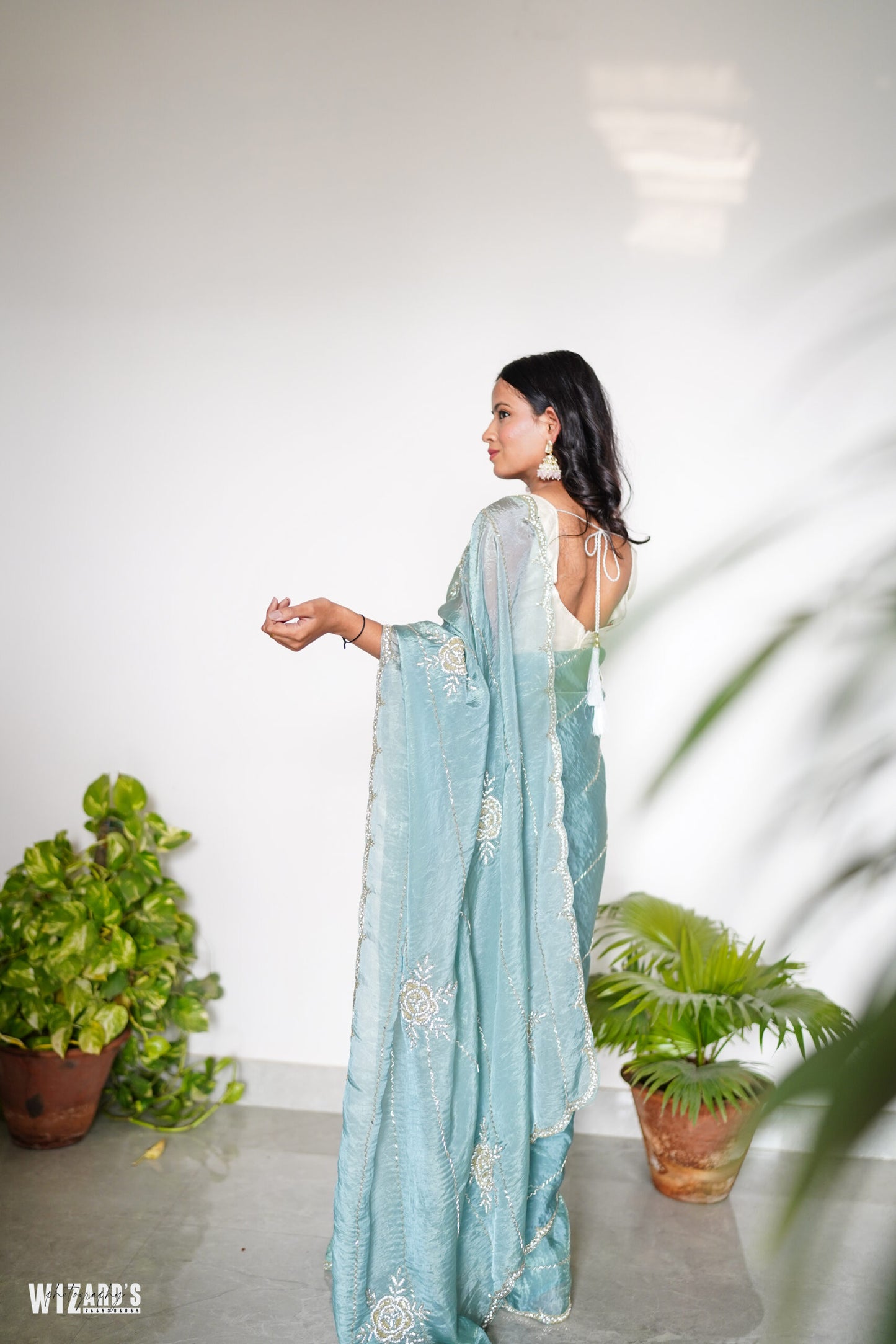 Sea Blue Tissue Saree With Metallic Shine