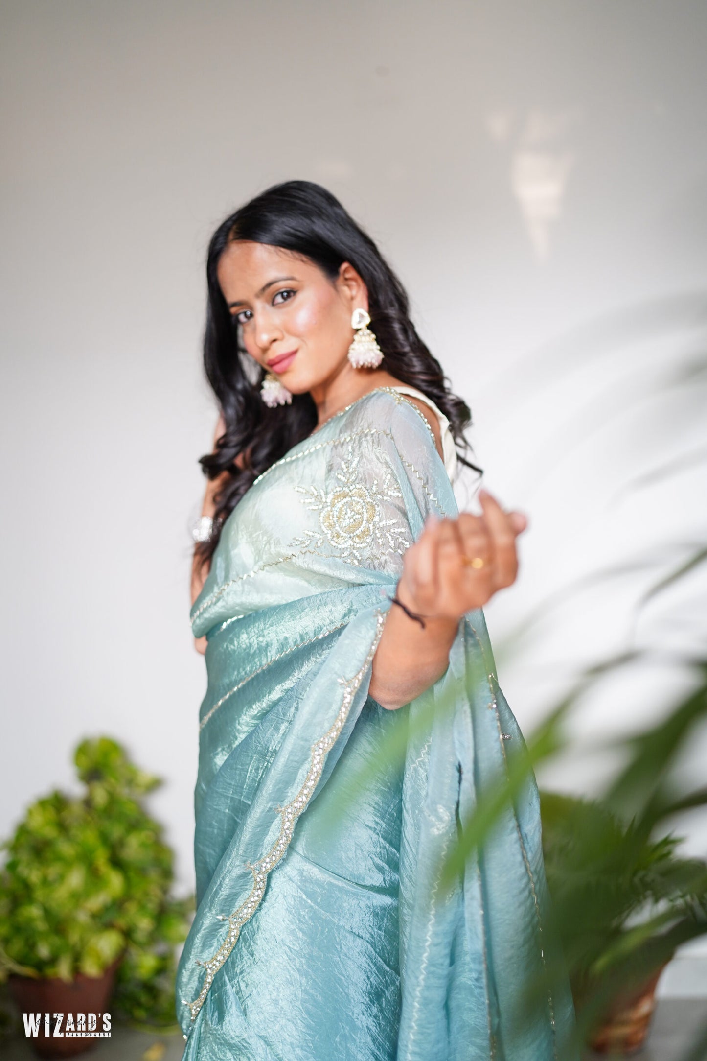 Sea Blue Tissue Saree With Metallic Shine