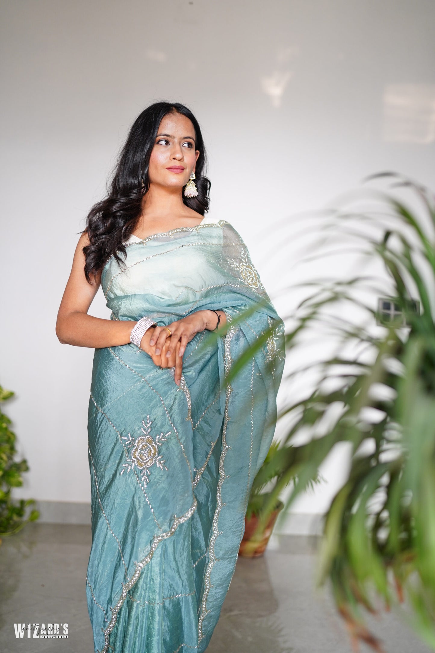Sea Blue Tissue Saree With Metallic Shine