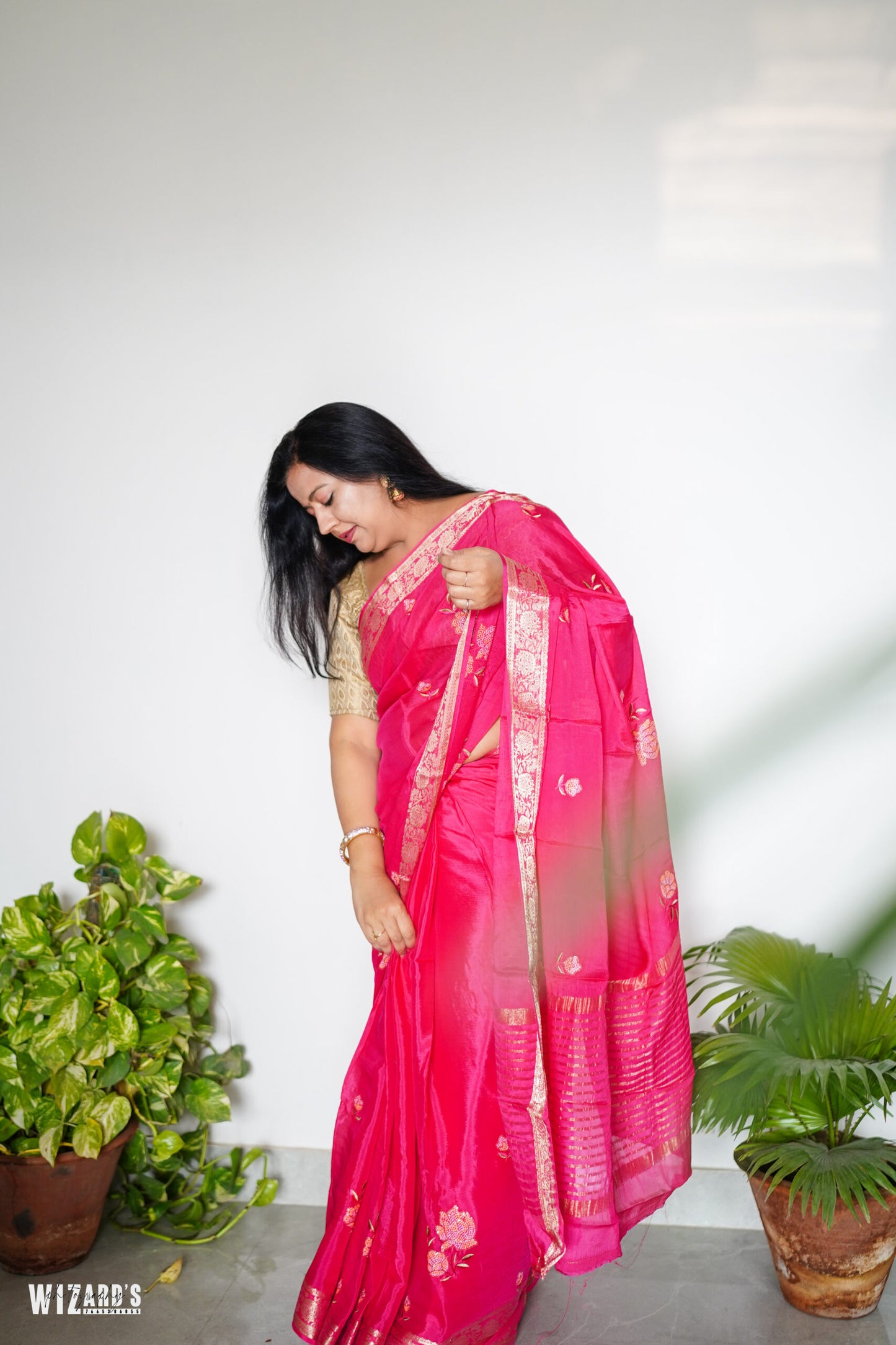 Pink Cinnon Saree With Embroidery and Zari Border