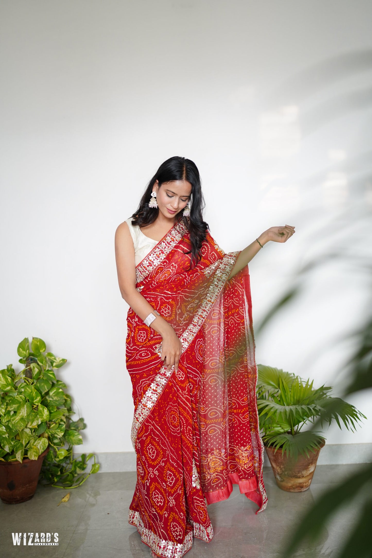 Red Bandhani Georgette Saree with Pearl Work
