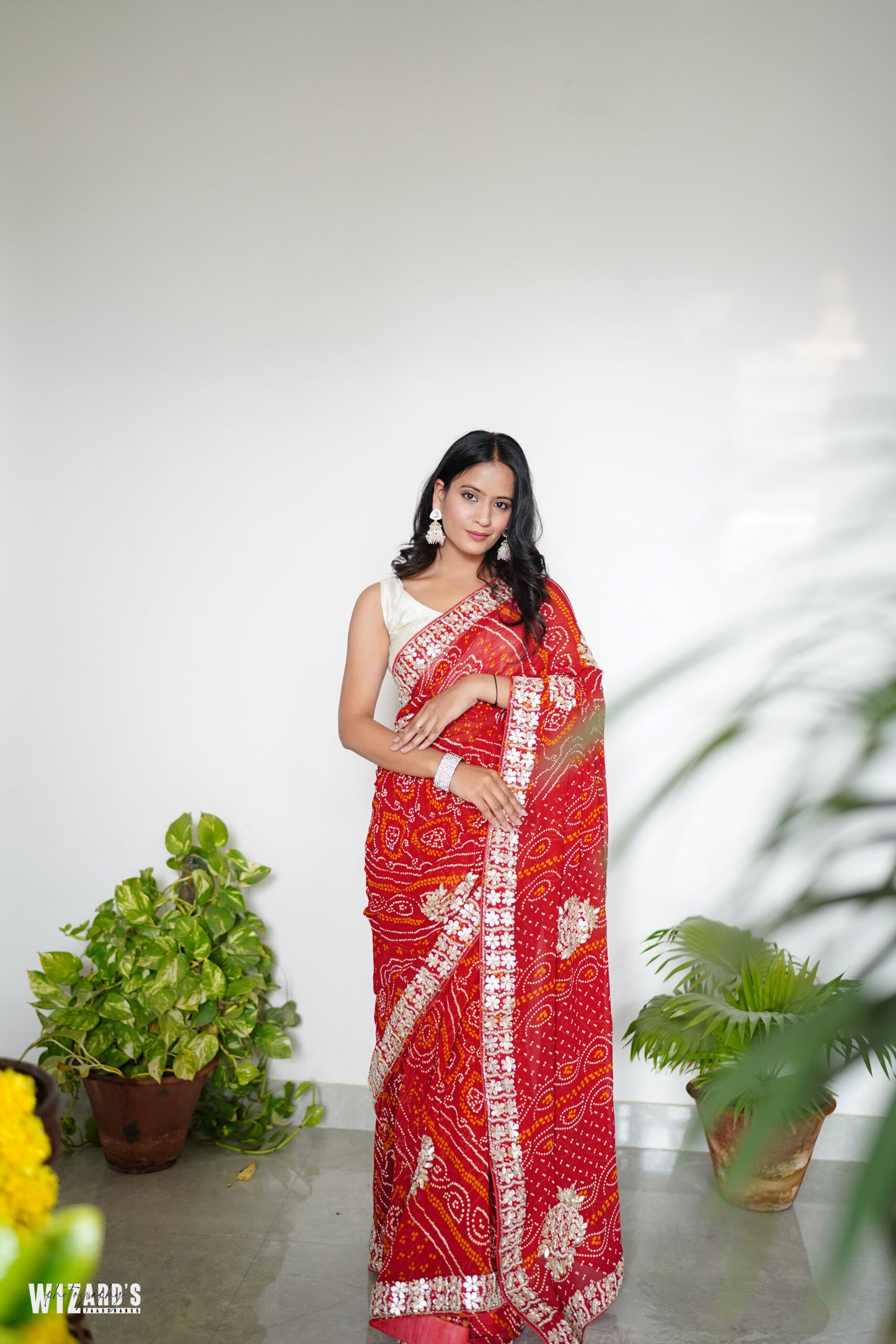 Red Bandhani Georgette Saree with Pearl Work