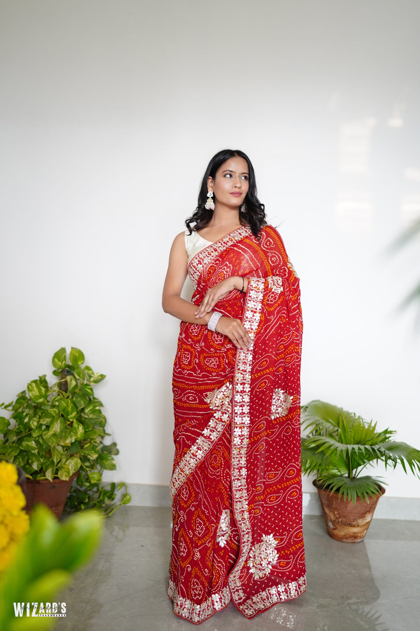 Red Bandhani Georgette Saree with Pearl Work