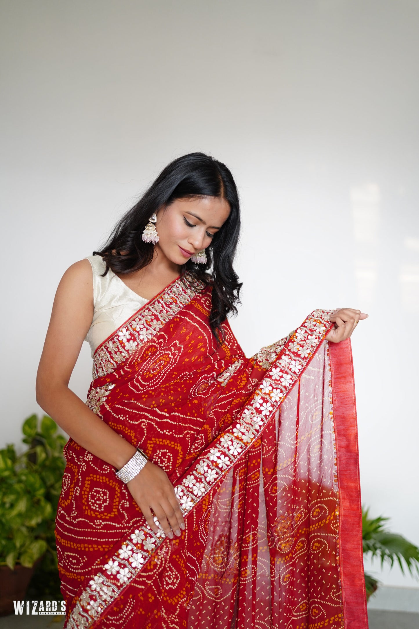 Red Bandhani Georgette Saree with Pearl Work