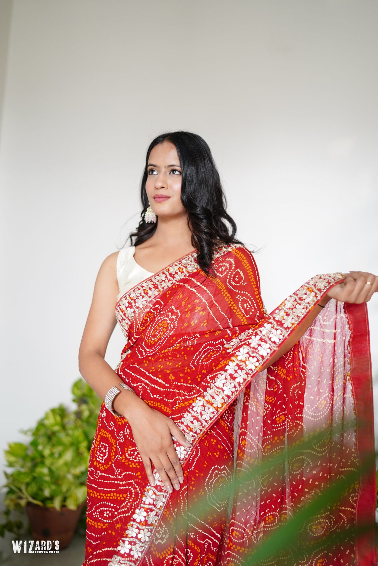 Red Bandhani Georgette Saree with Pearl Work