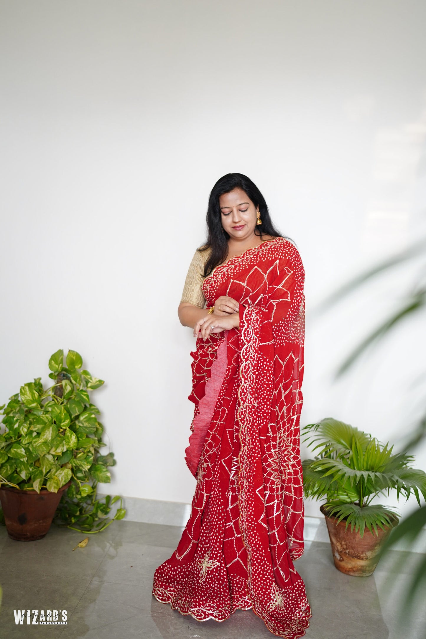 Cherry Red Gota Patti Bandhani Georgette Saree