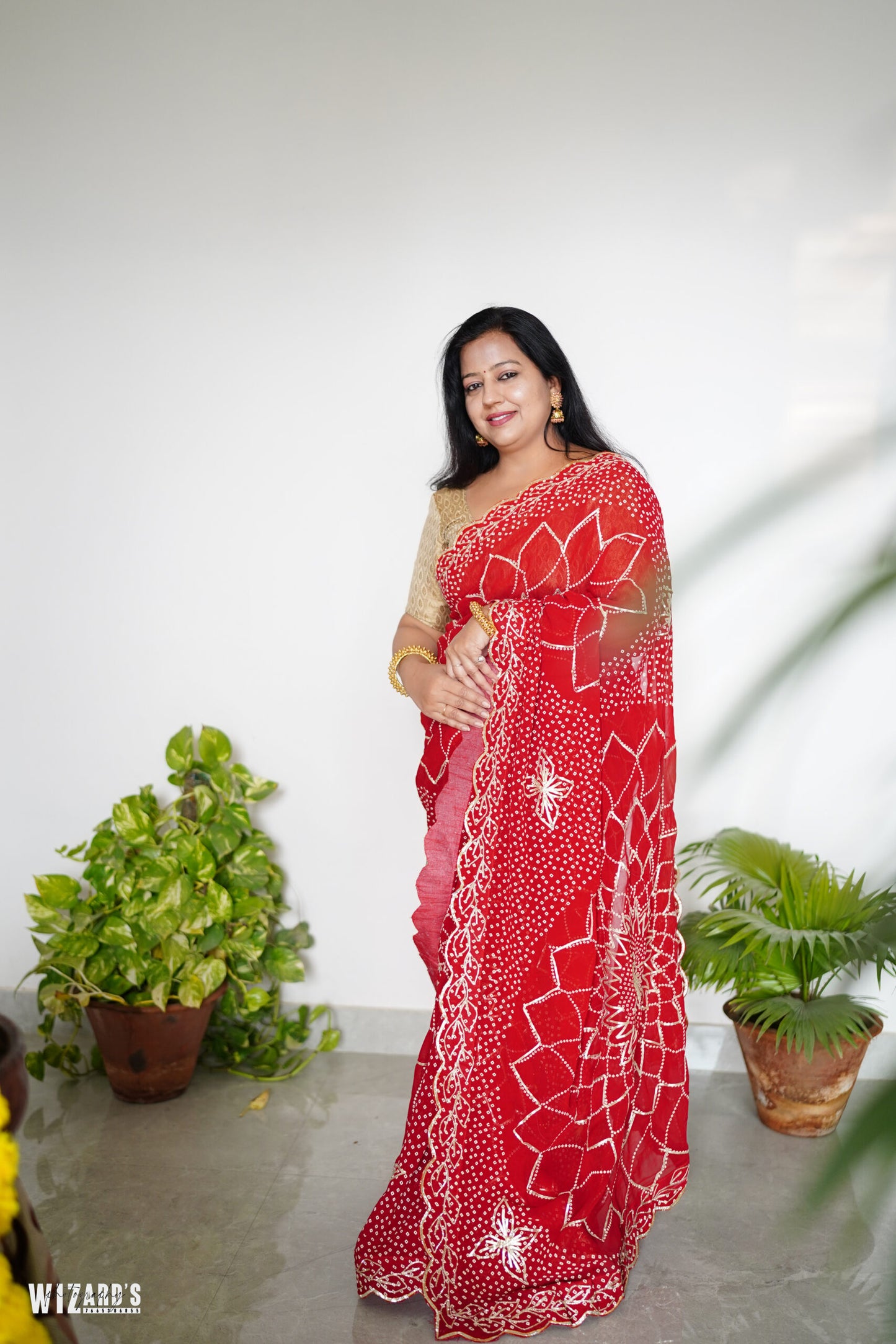 Cherry Red Gota Patti Bandhani Georgette Saree